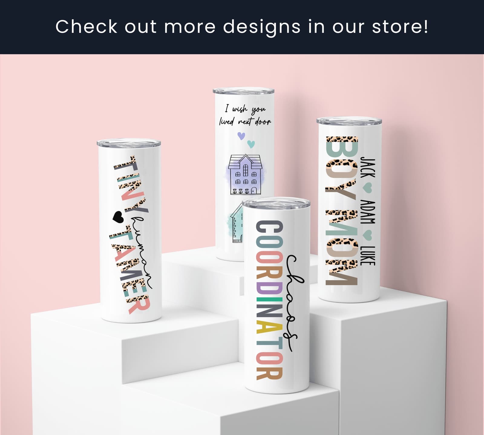 a group of three personalized tumbles sitting on top of a shelf,