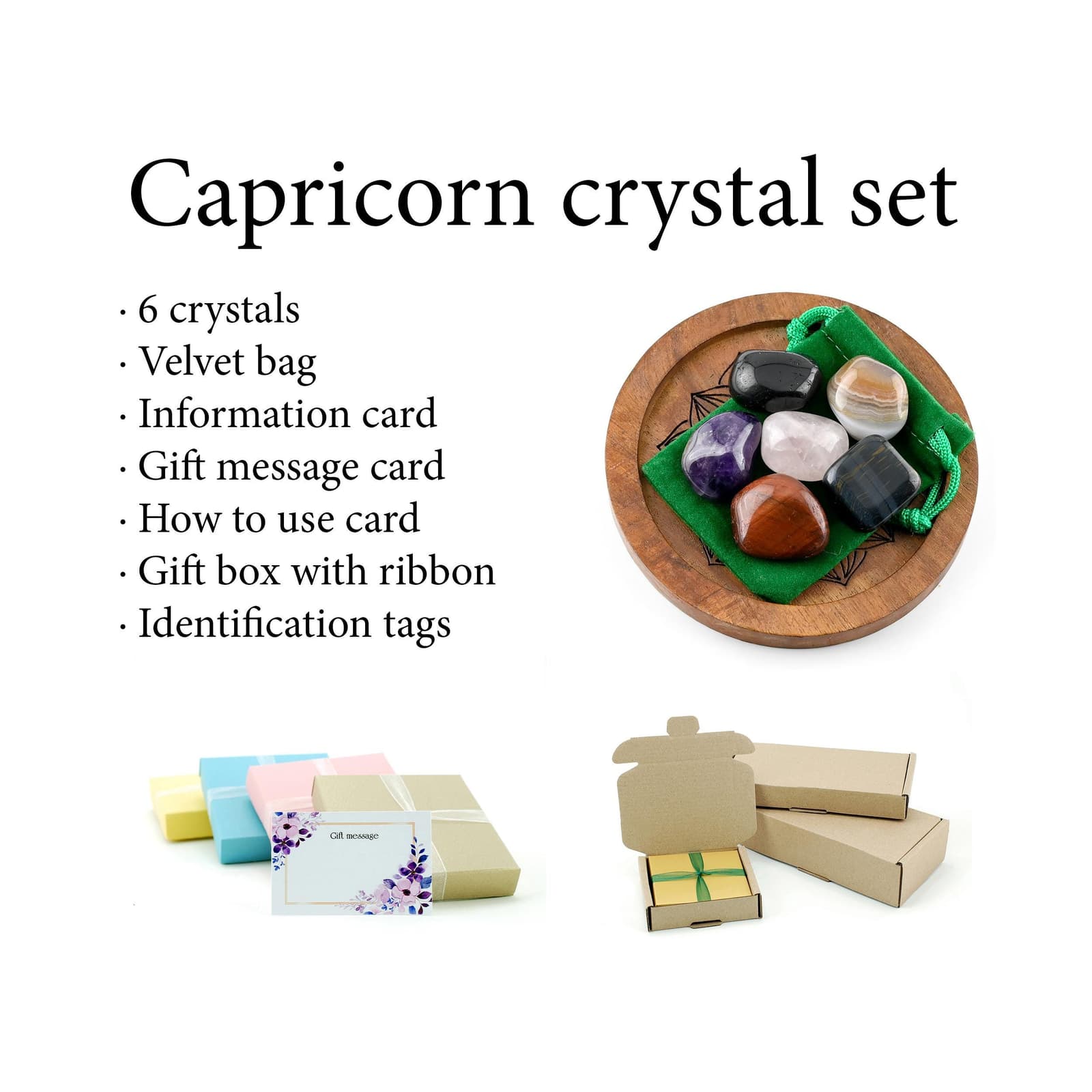 Contenido completo del kit de Capricornio: piedras, bolsita de terciopelo, tarjetas y caja de regalo con lazo
