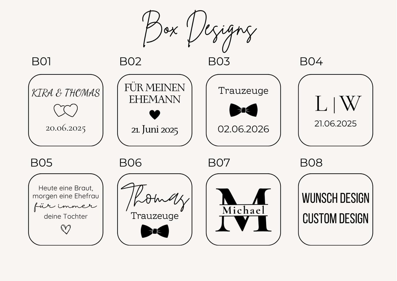 Diseños de caja de regalo disponibles para el pin de boda