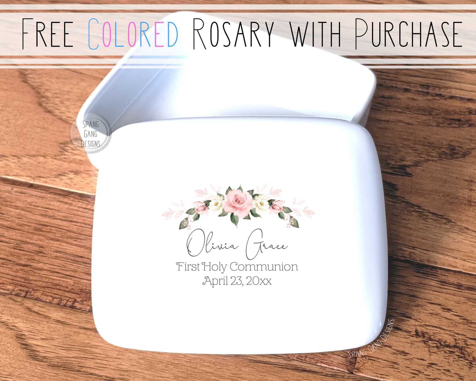 Cajita de porcelana con rosario para regalo religioso