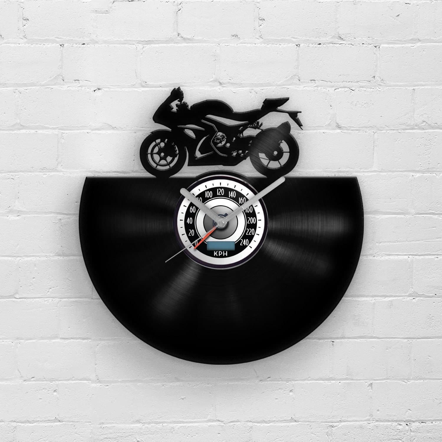 Superbike Illustration on a vinyl record wall clock. Laser cut wall decor, featuring racing motorcycle. This is a perfect gift for men to decor their man space or garage. Vinyl clock comes in a box, protected by triple layer foam.