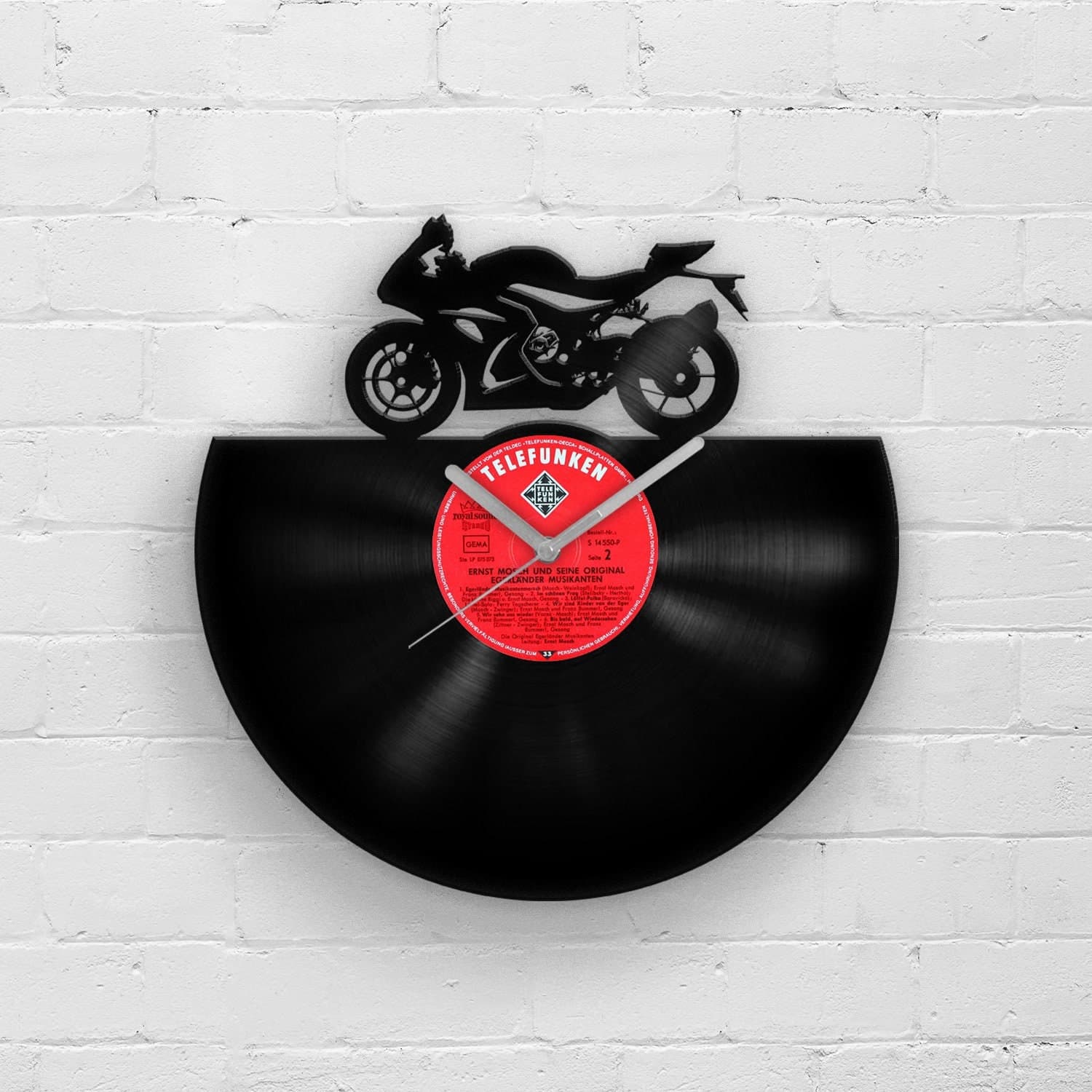 Vinyl 12'' record wall clock, illustrating sports car. Great gift for cyclist and vinyl lover.