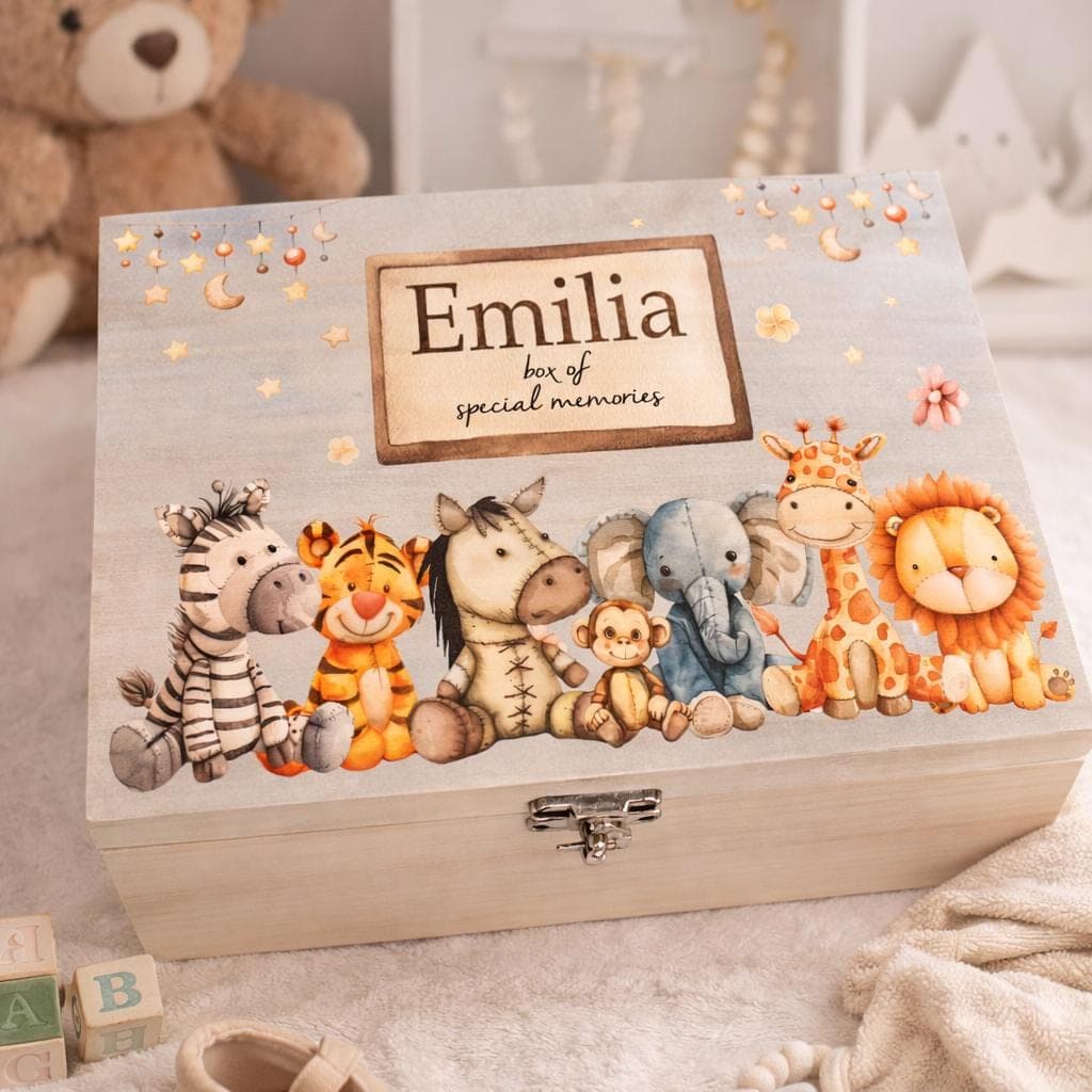 Caja de recuerdos infantil de animales de la selva