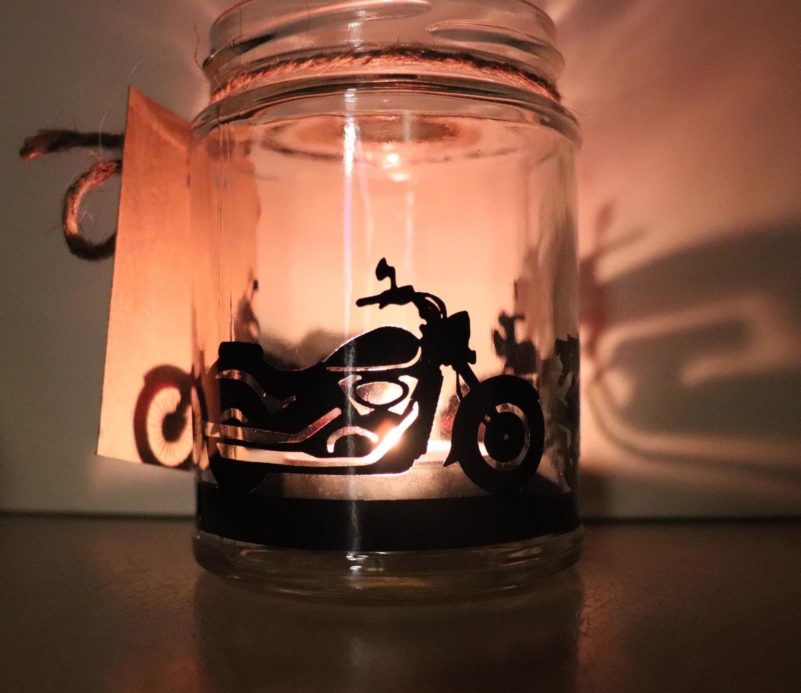 Tarro portavelas con silueta de moto