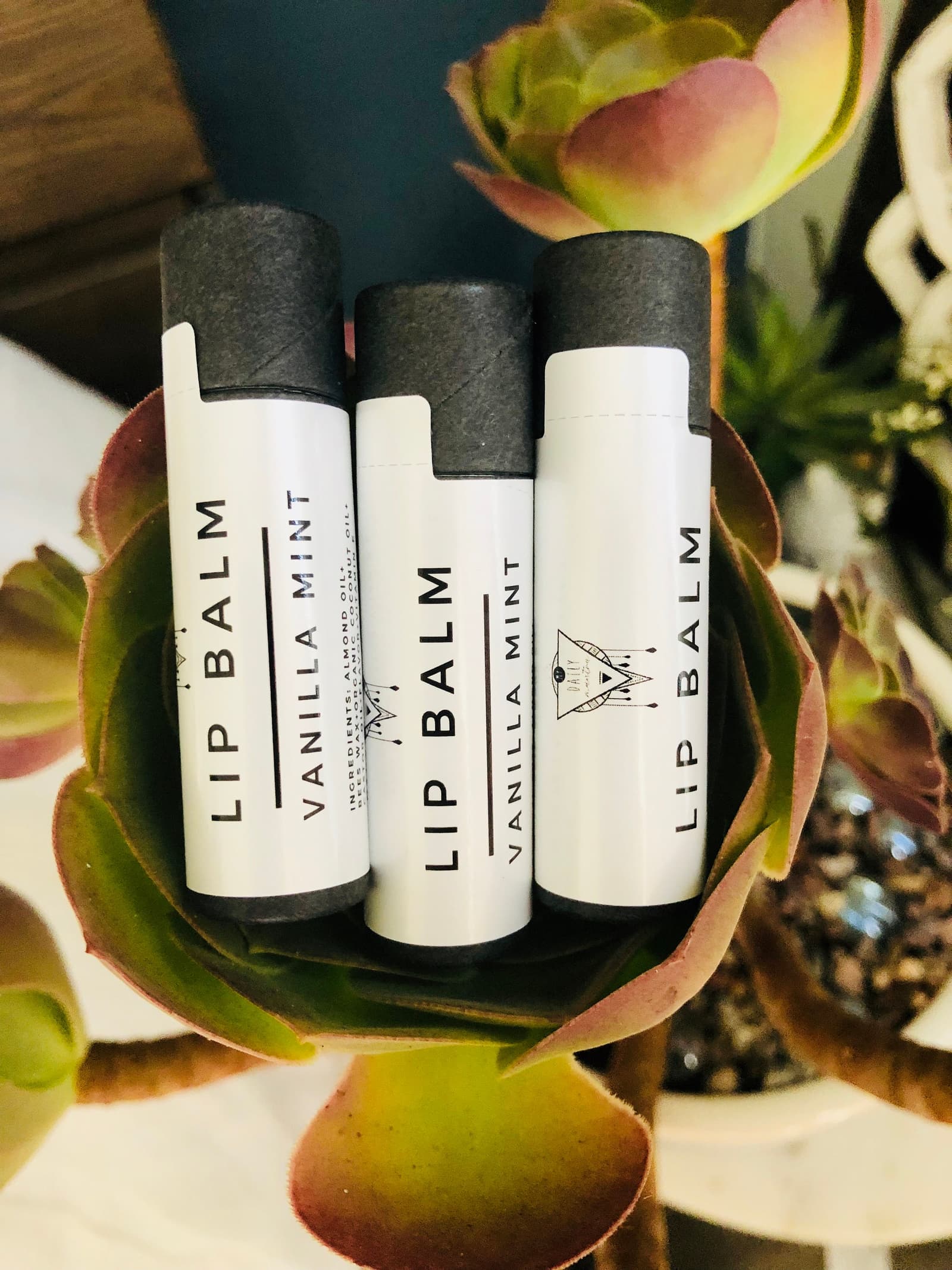 Tres bálsamos labiales de vainilla y menta en tubo de cartón reciclable