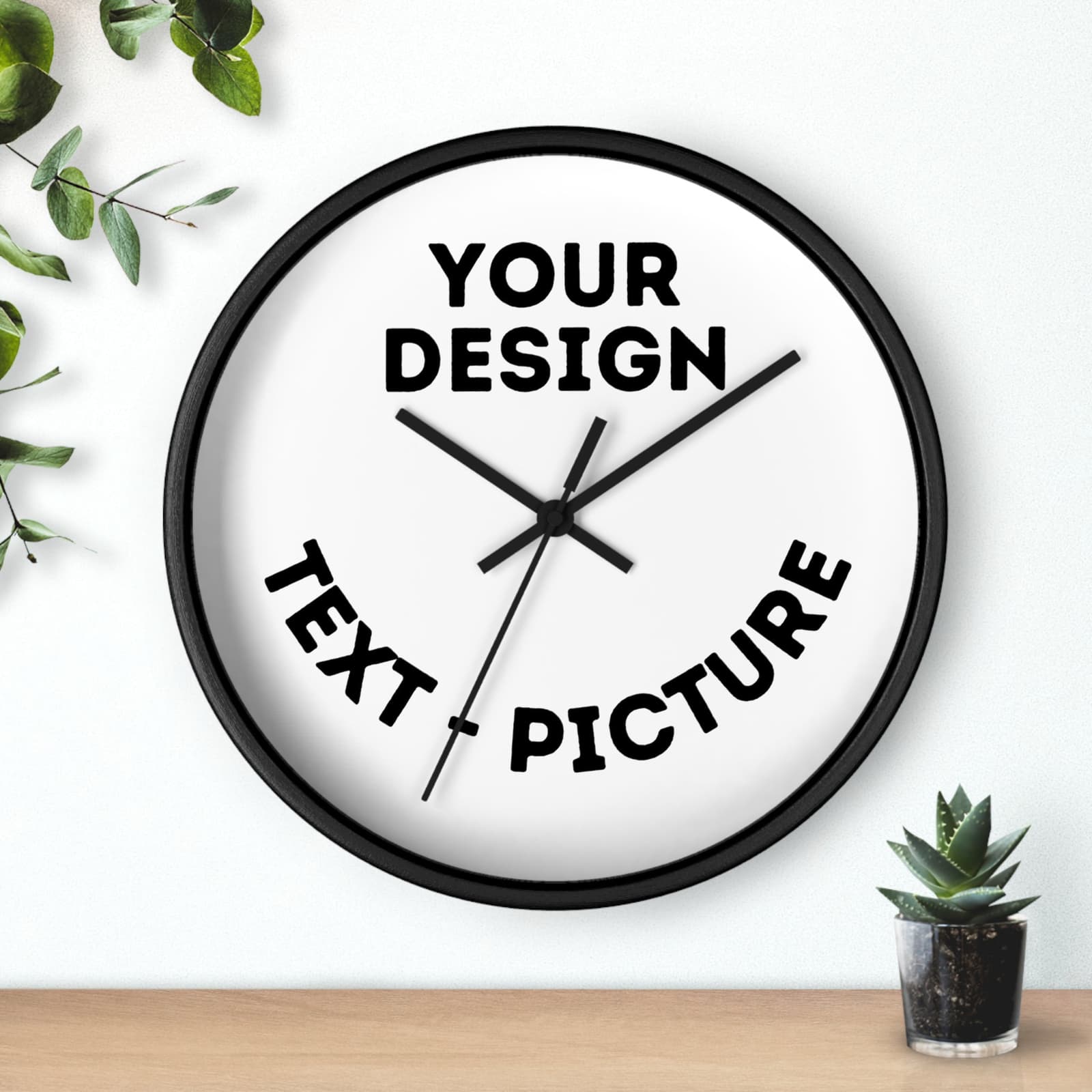 Reloj de pared redondo con marco negro y la esfera personalizable con foto y texto
