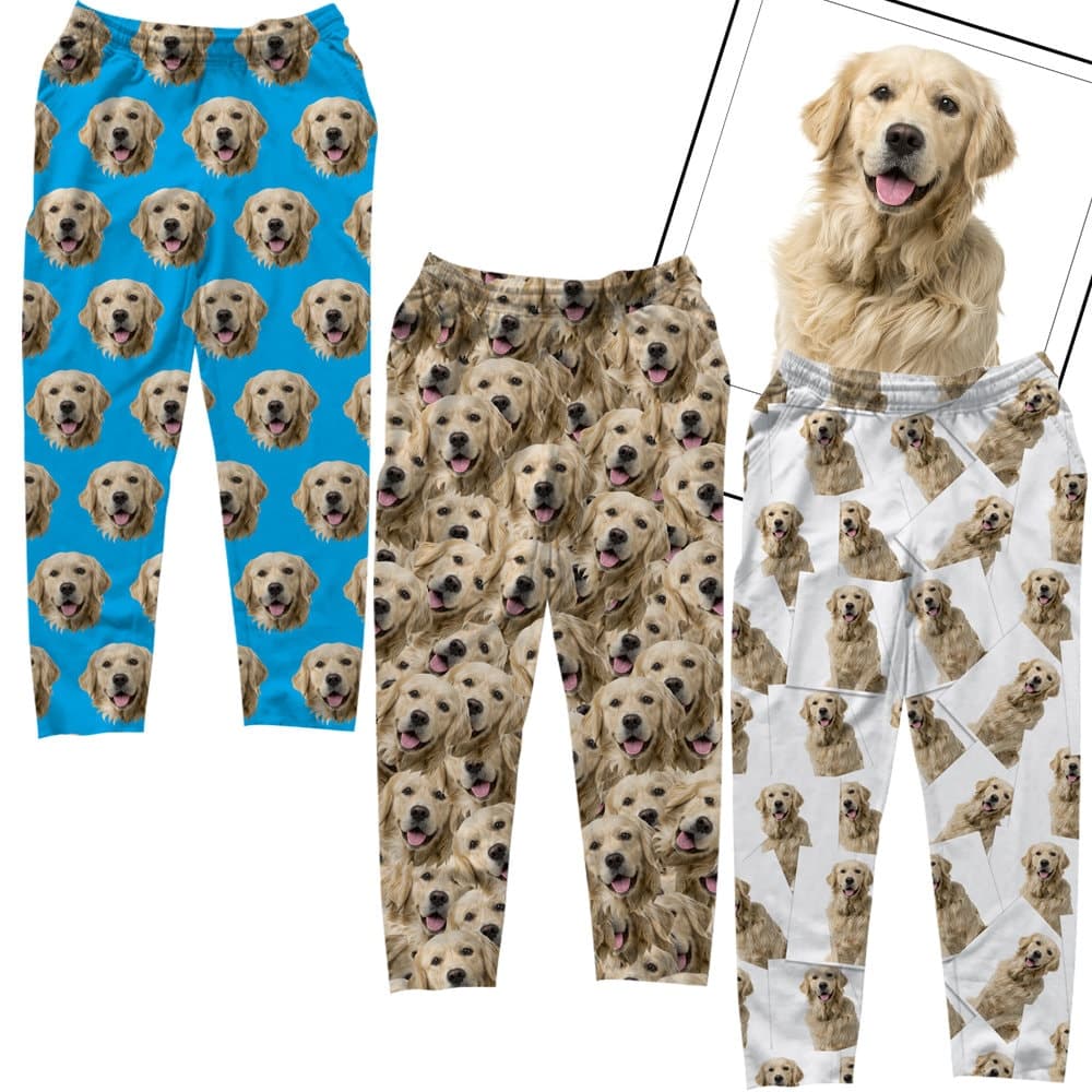 Pantalón de pijama estampado con caras repetidas de una persona sobre fondo de color