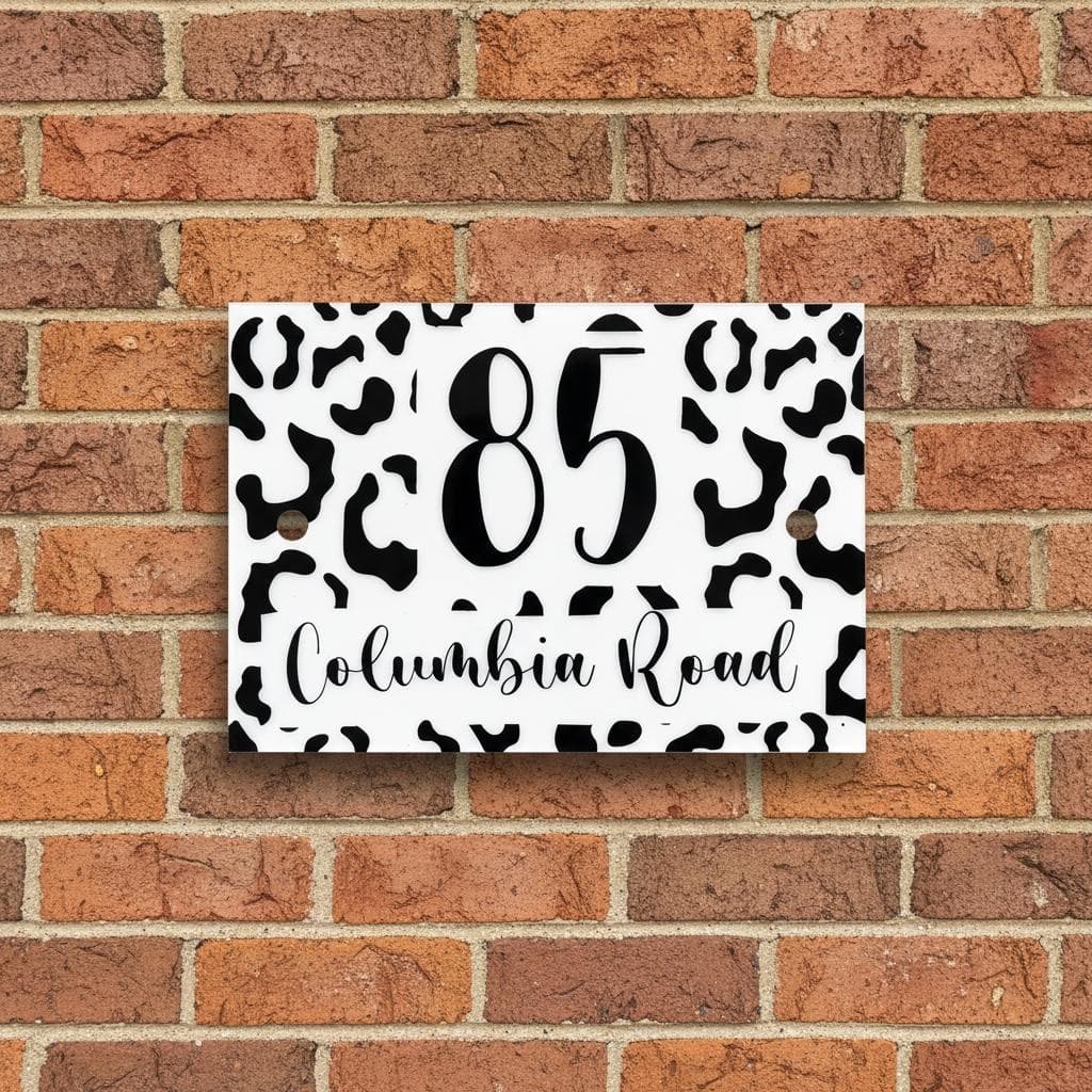 Modern black address plaque with white abstract pattern and house number