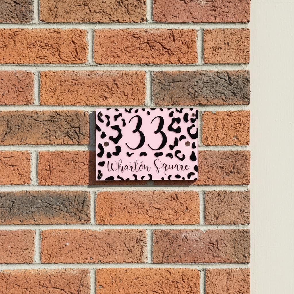 Patterned house number sign mounted on exterior wall for curb appeal
