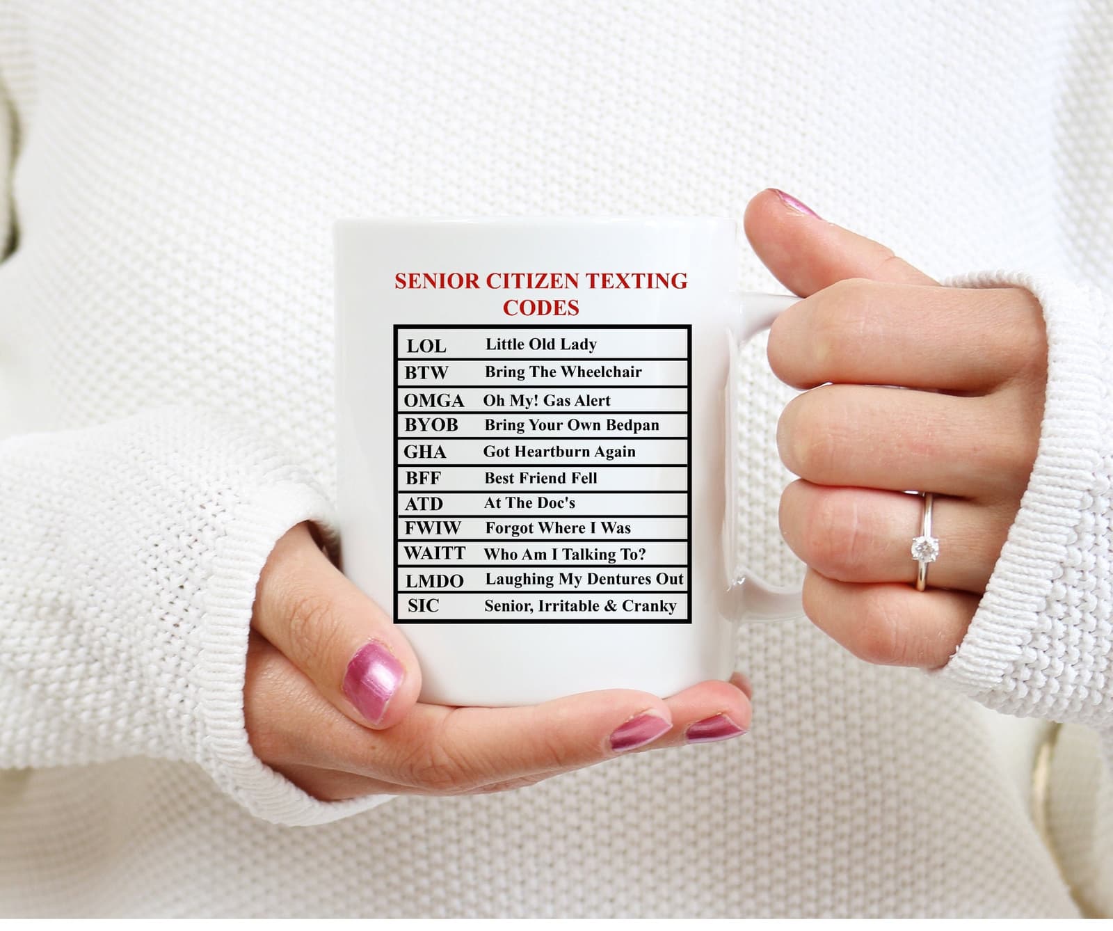 taza con códigos de mensajería para personas mayores, foto 3