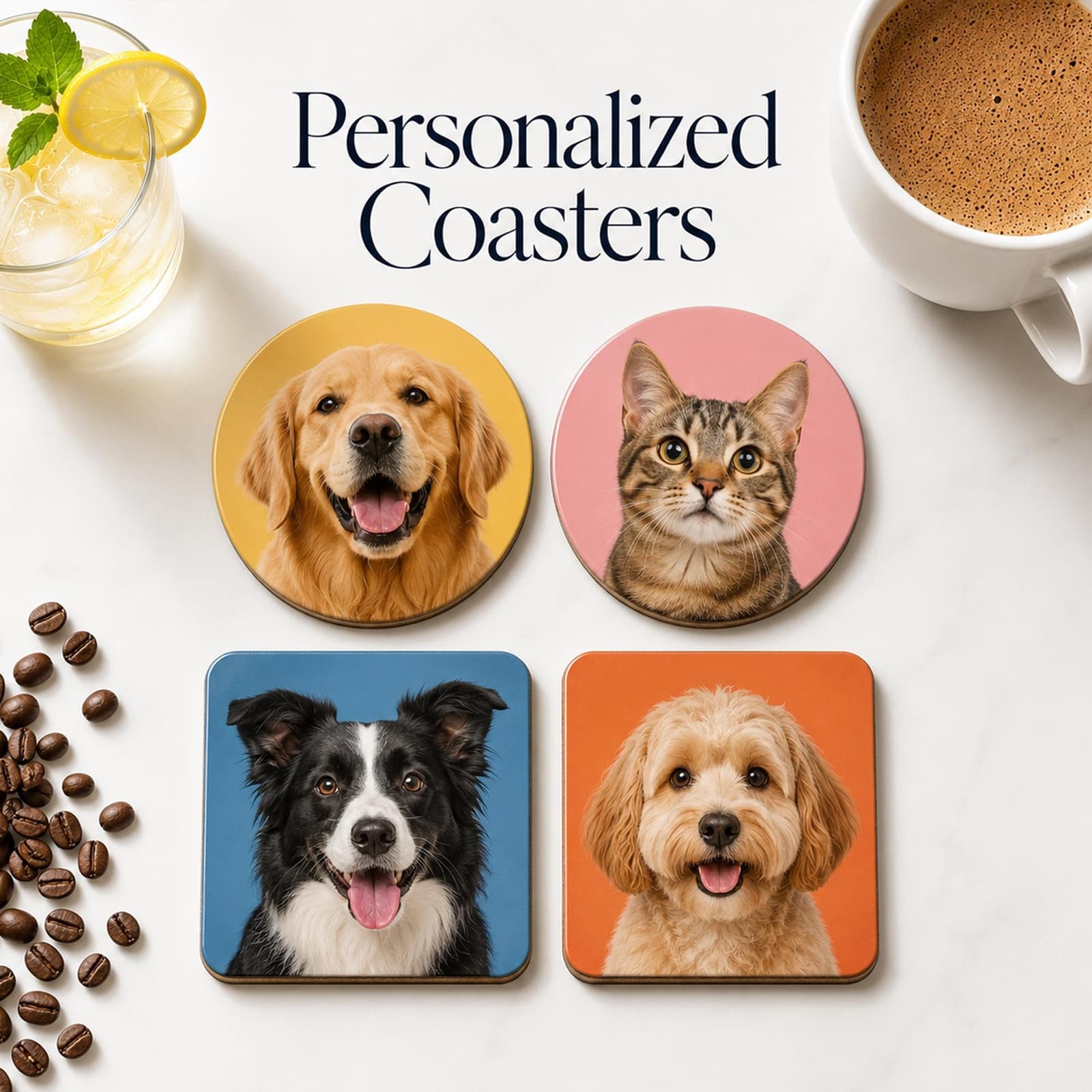 Set de posavasos redondos y cuadrados con fotos de mascotas, un perro y un gato
