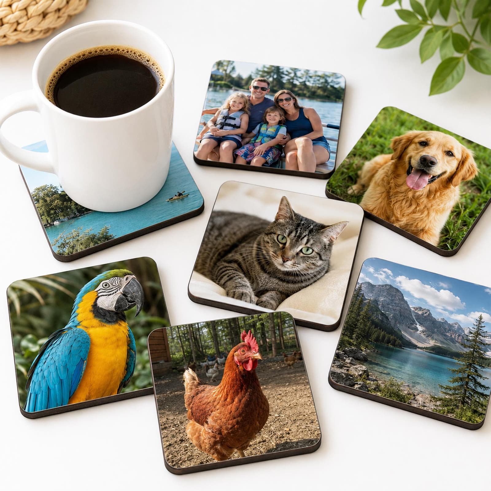 Set de posavasos con fotos de familia, mascotas y paisajes sobre madera