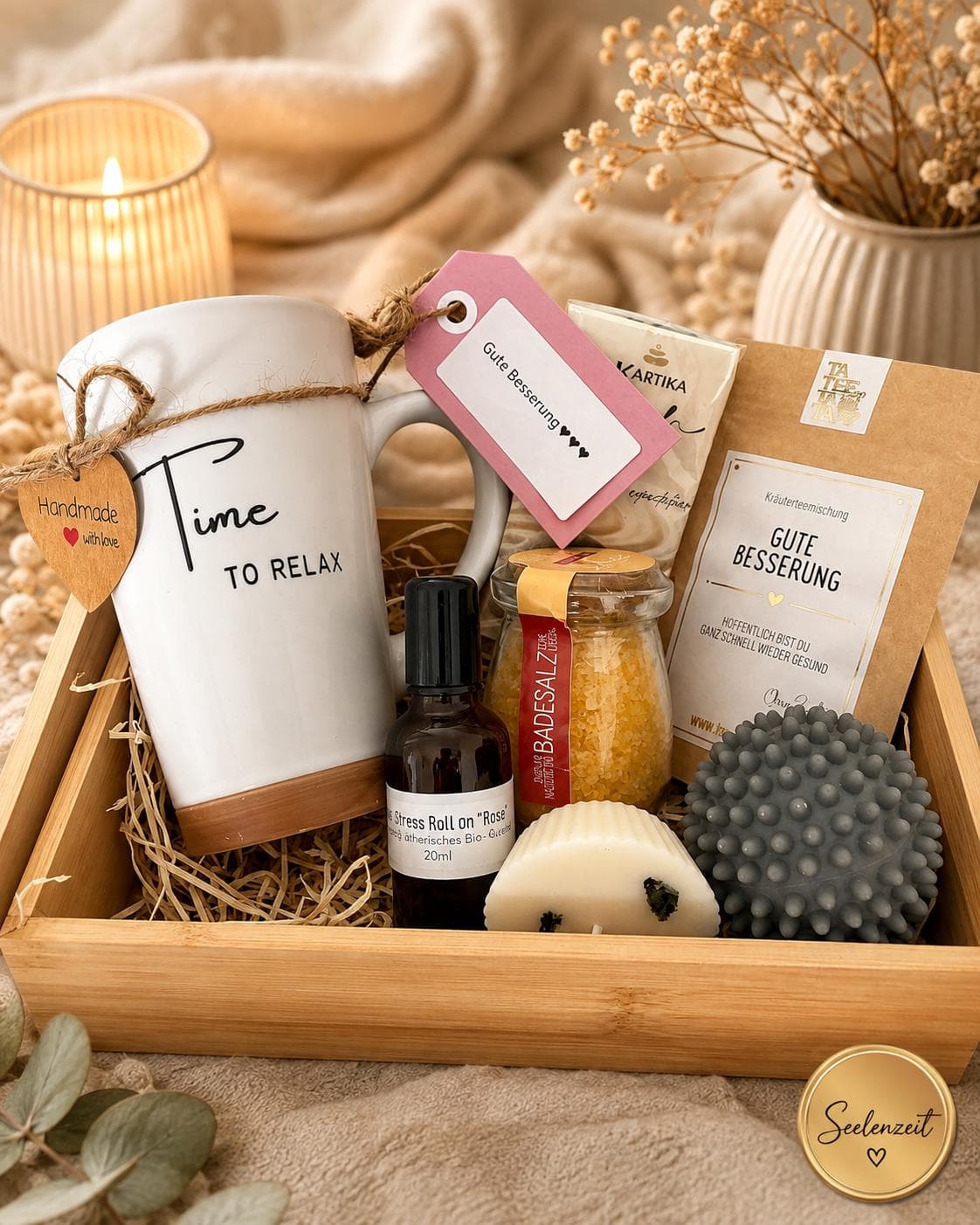 Caja de bienestar de SeelenZeit en caja de madera reutilizable