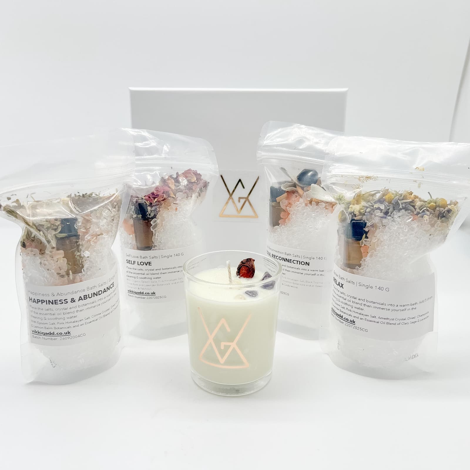 Bolsas individuales de sales con su cristal y aceite esencial