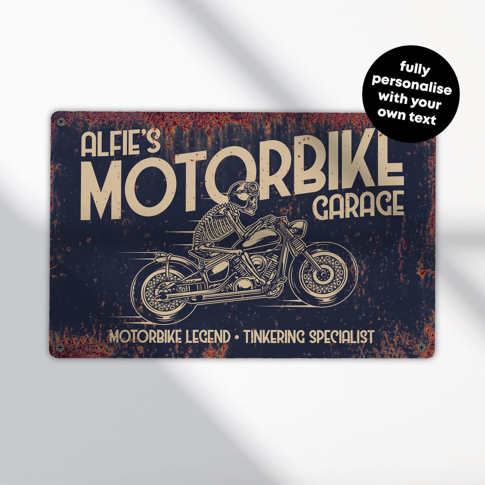 Personalised motorbike sign with rustic retro printed design ideal for garage or shed decor