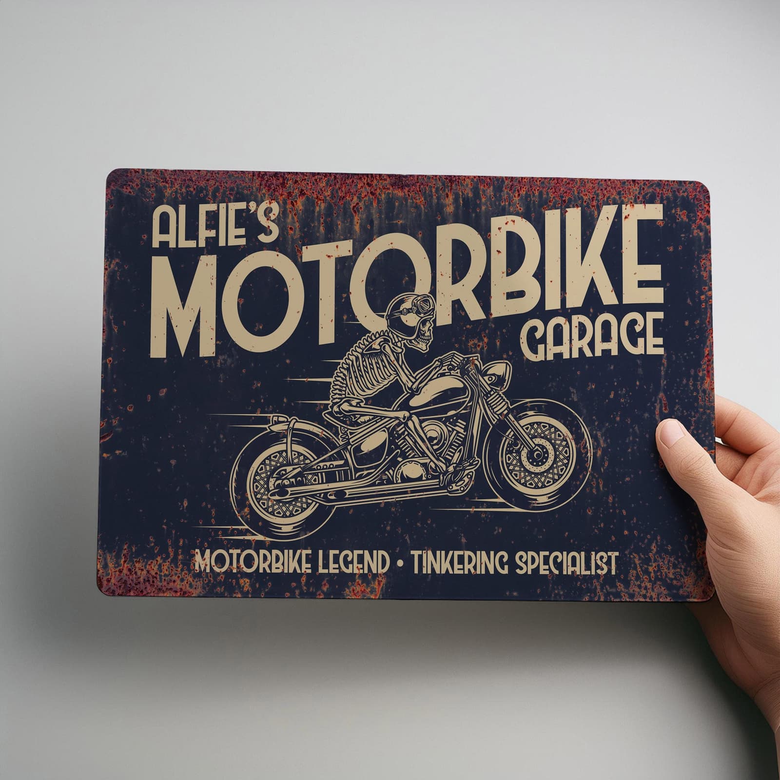 Vintage style motorbike sign printed with name for motorcycle garage or man cave wall art