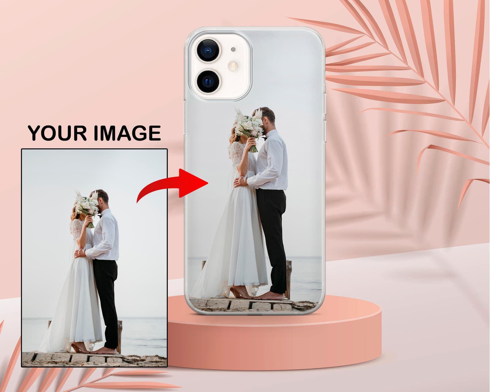 Mockup mostrando cómo se aplica una foto sobre la funda de móvil personalizada
