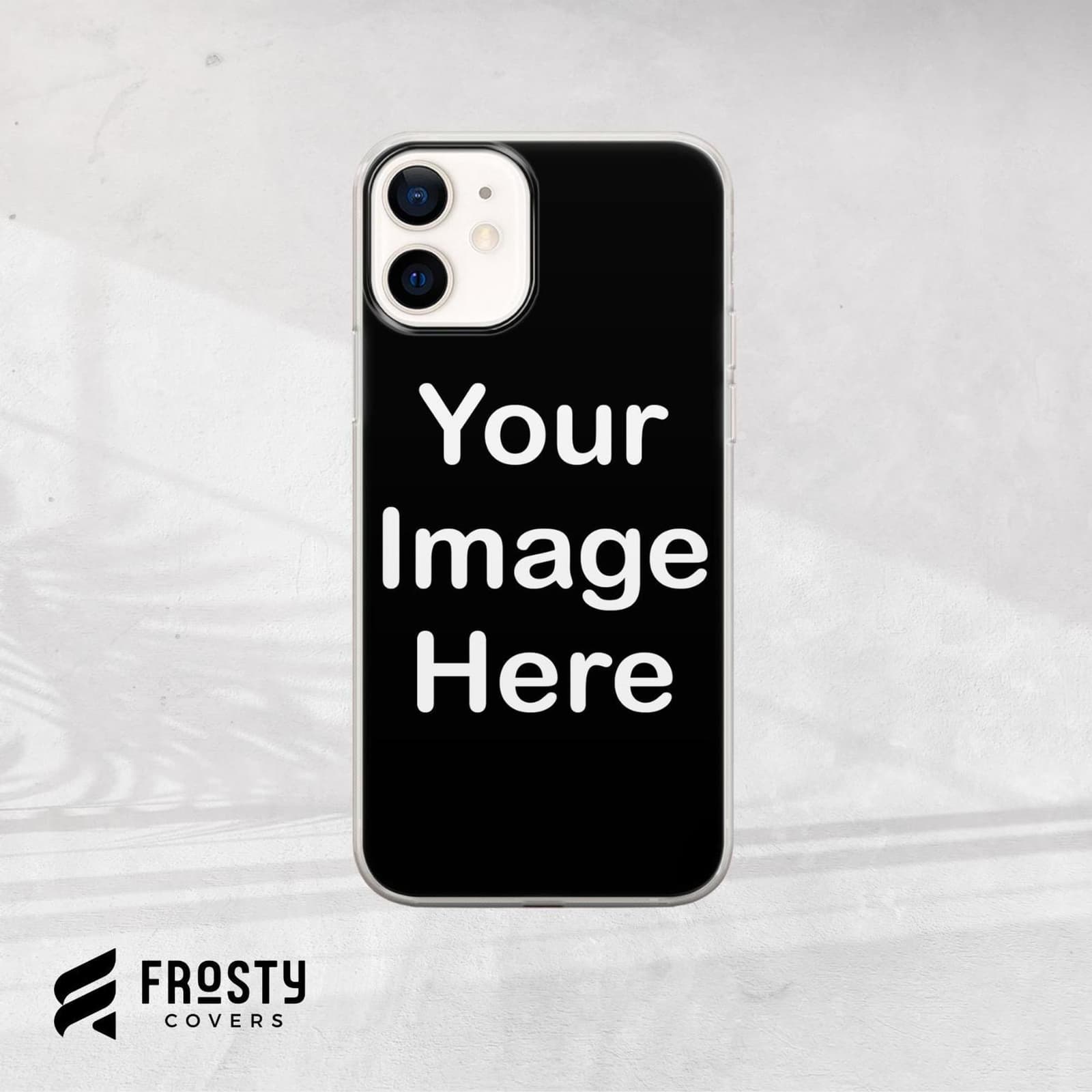 Funda de móvil negra con el rótulo Your Image Here, de acabado mate y silicona flexible