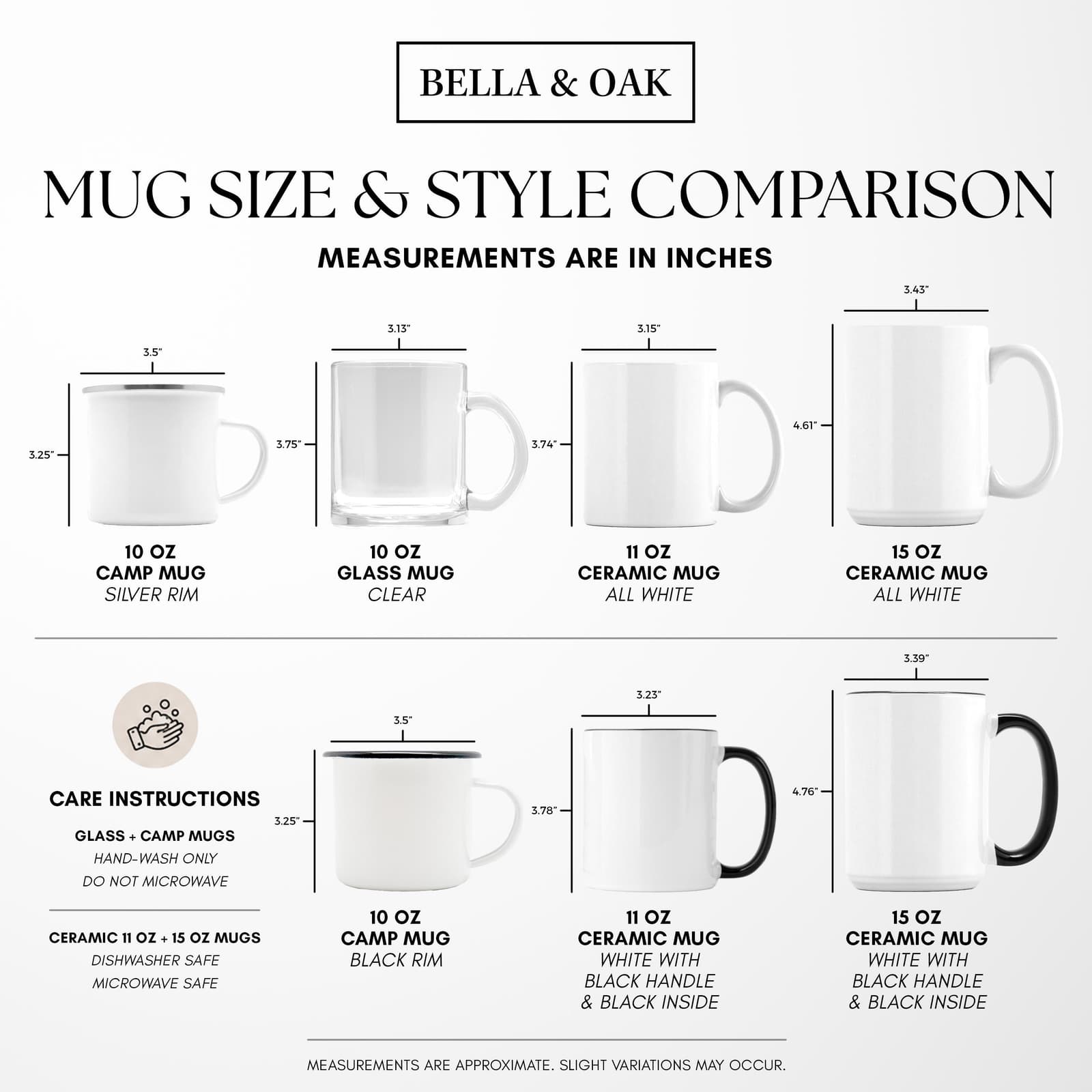 The image is a comparison of different sizes and styles of ceramic mugs, with measurements provided in inches.