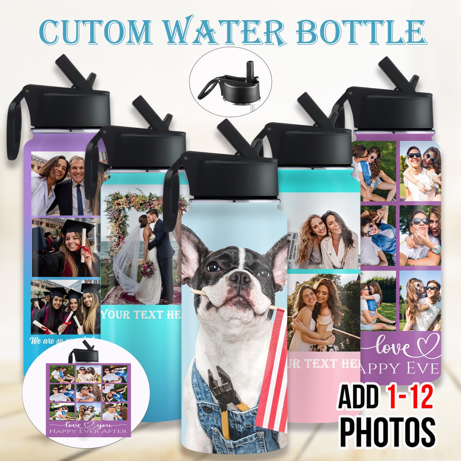 Varias botellas térmicas de colores con tapa de pajita, personalizadas con collages de fotos