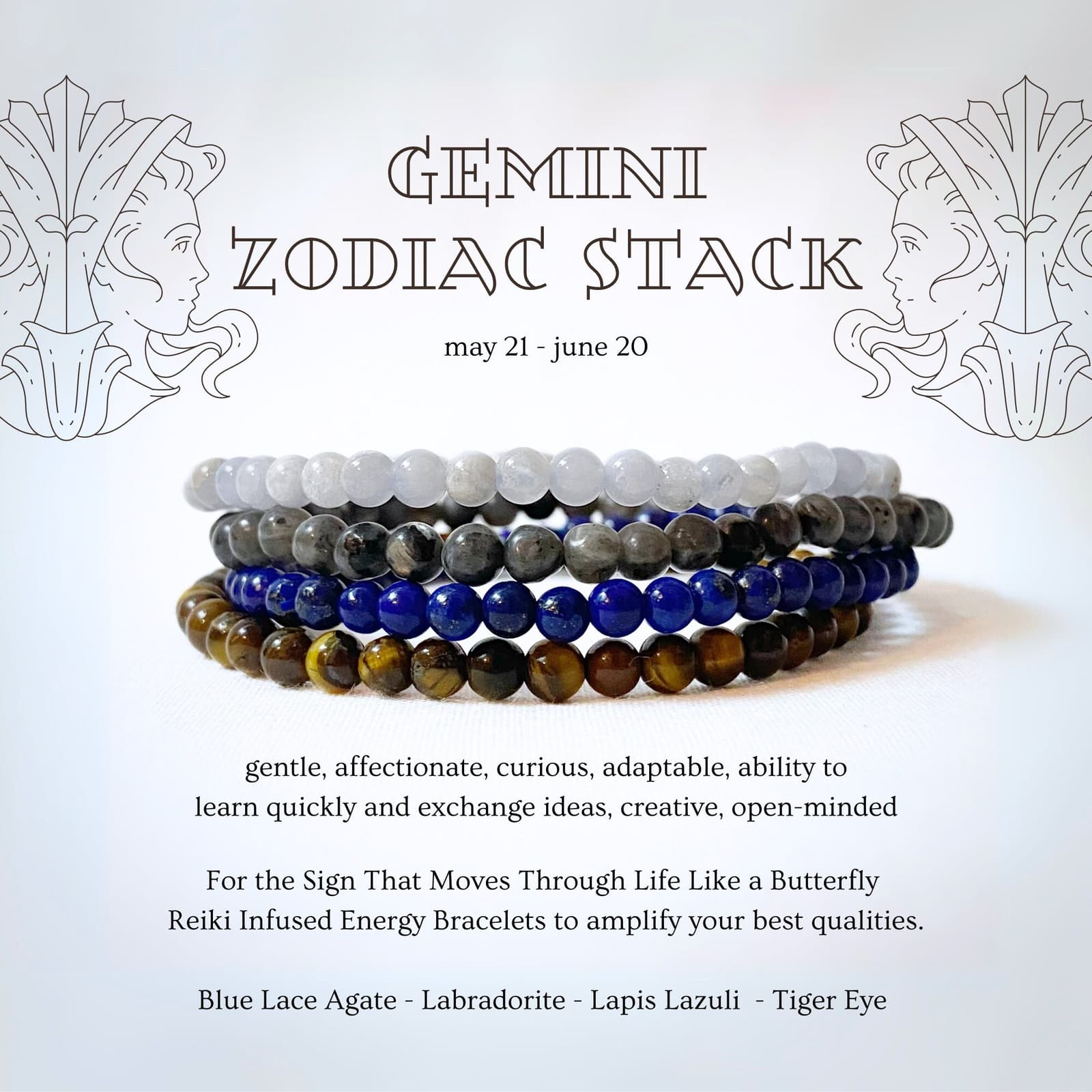 Set de tres pulseras de cristales para Géminis con ágata azul, labradorita, lapislázuli y ojo de tigre