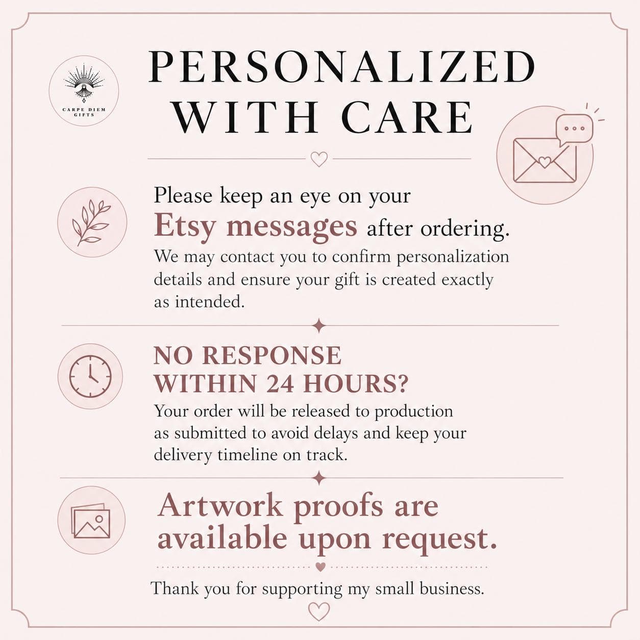 text that provides instructions for handling an order placed on Etsy. It includes information about keeping an eye on the order, confirming personalization details, and ensuring the gift is created exactly as intended. The text also mentions that no response within 24 hours is expected, and that artwork is available upon request. The image does not contain any visual elements, such as images or logos, and does not describe each one individually. It is a single, continuous text block.