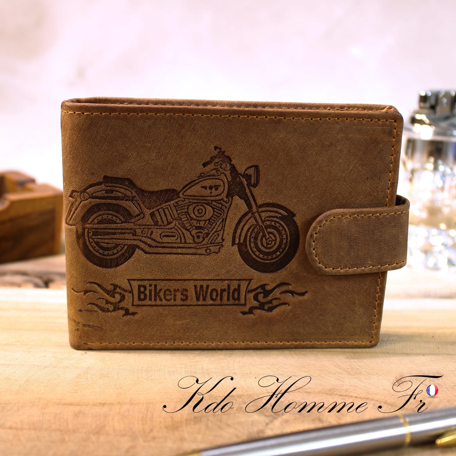 Cartera de cuero para hombre con diseño de moto, foto 4