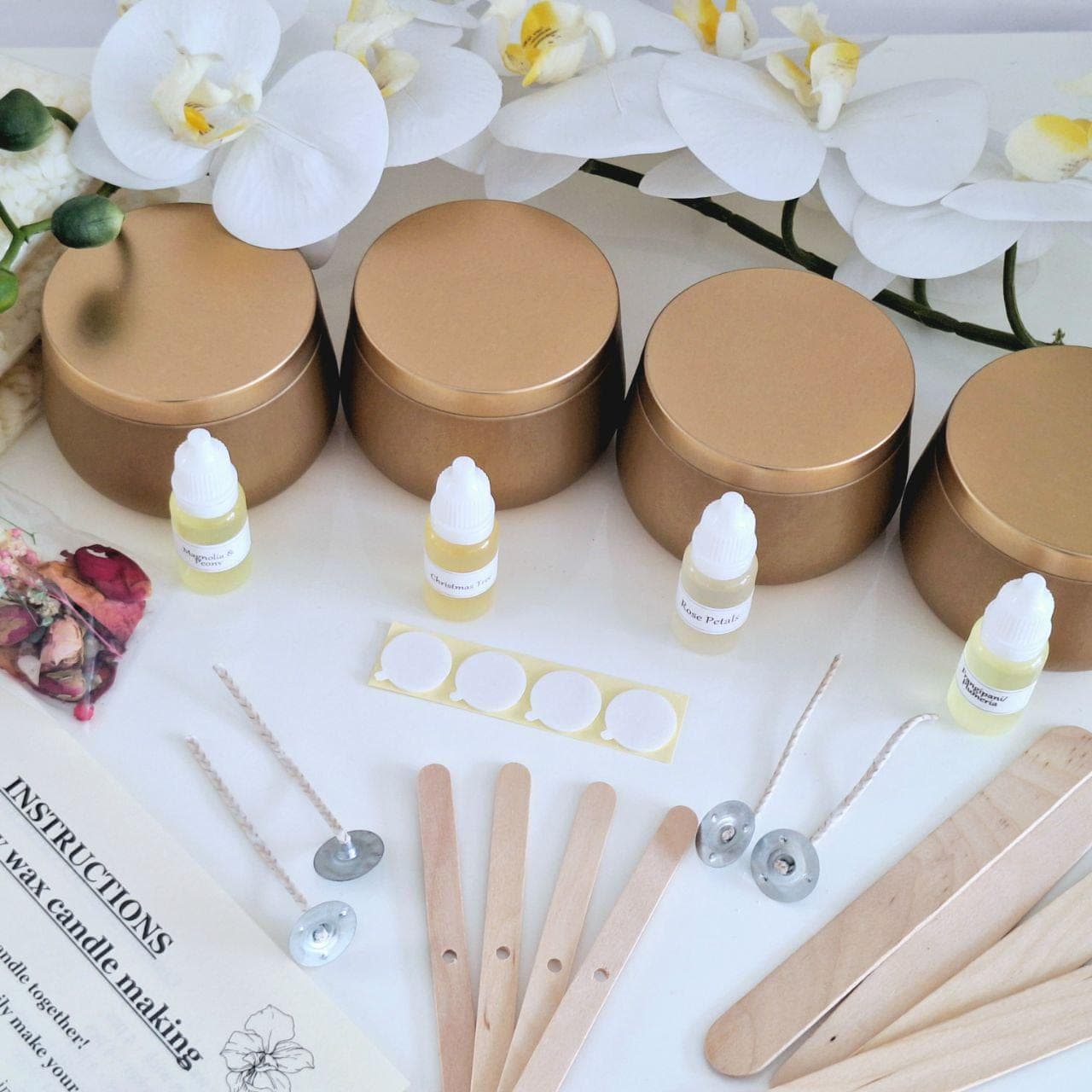 Soy candle making kit to make 4 personalized scented candles with flowers