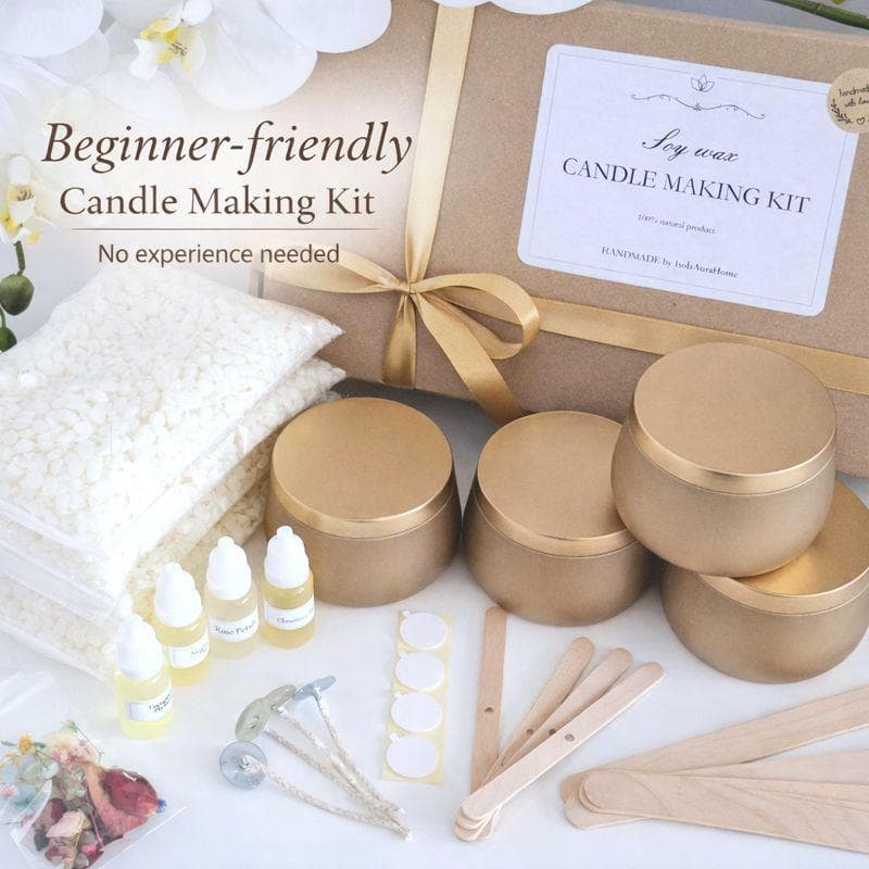 Beginner-friendly candle making kit with soy wax, gold tins and tools, no experience needed, gift ready DIY candle kit