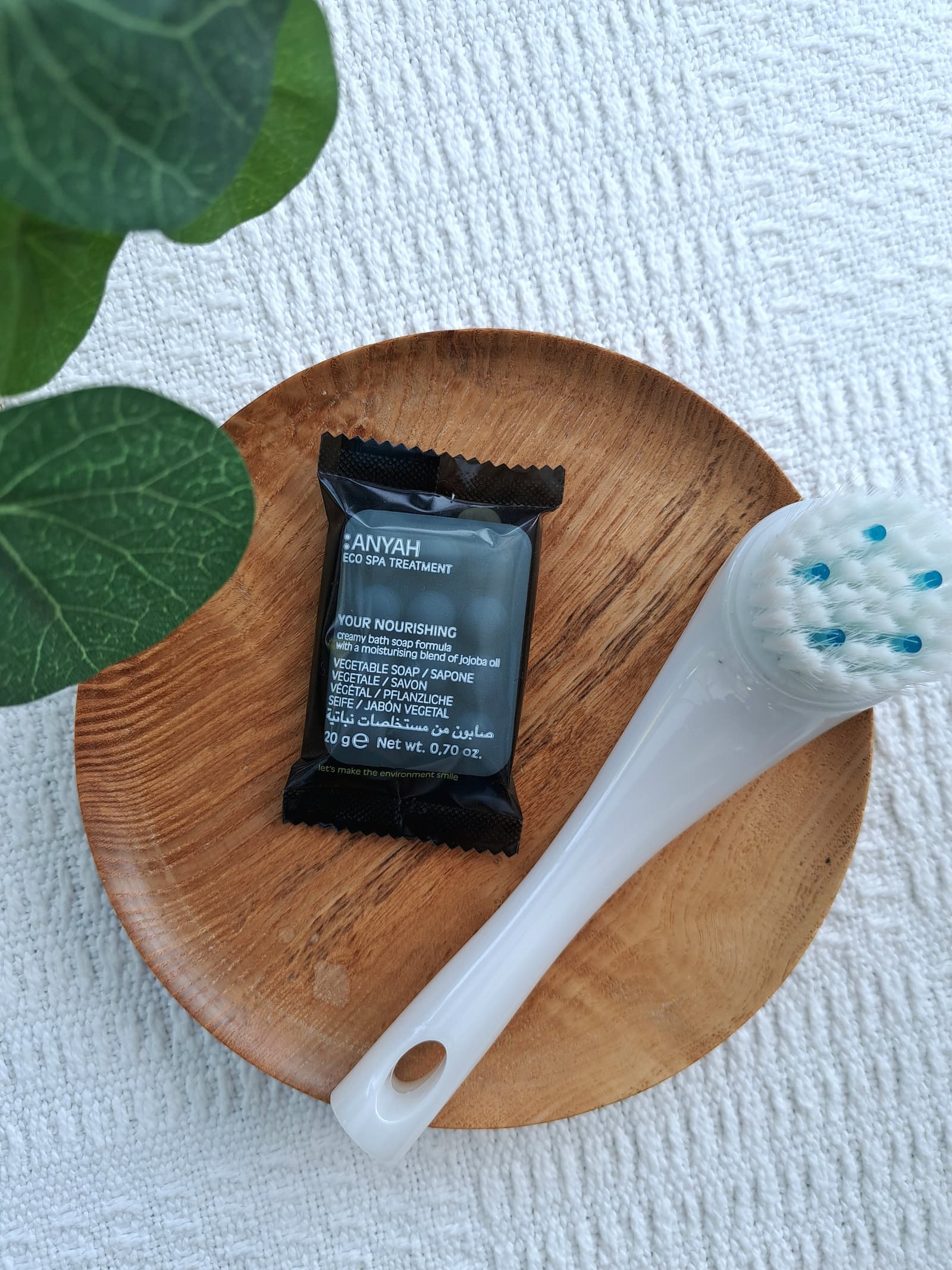 Cleansing and exfoliating skin care brush, Anyah eco spa nourishing vegetable soap 20g