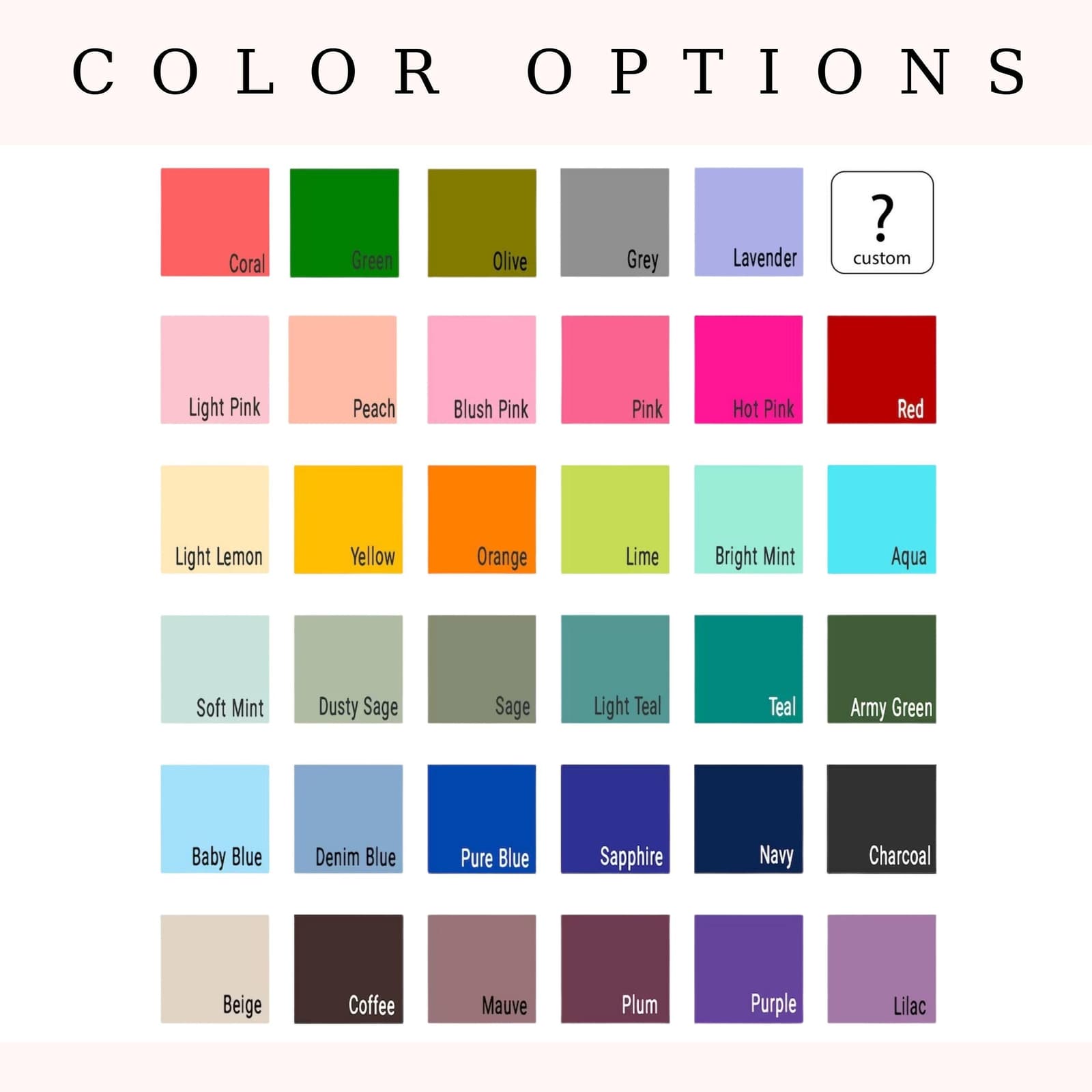 a grid of color options, including various shades of pink, green, blue, and purple, along with a question mark indicating a custom color option.