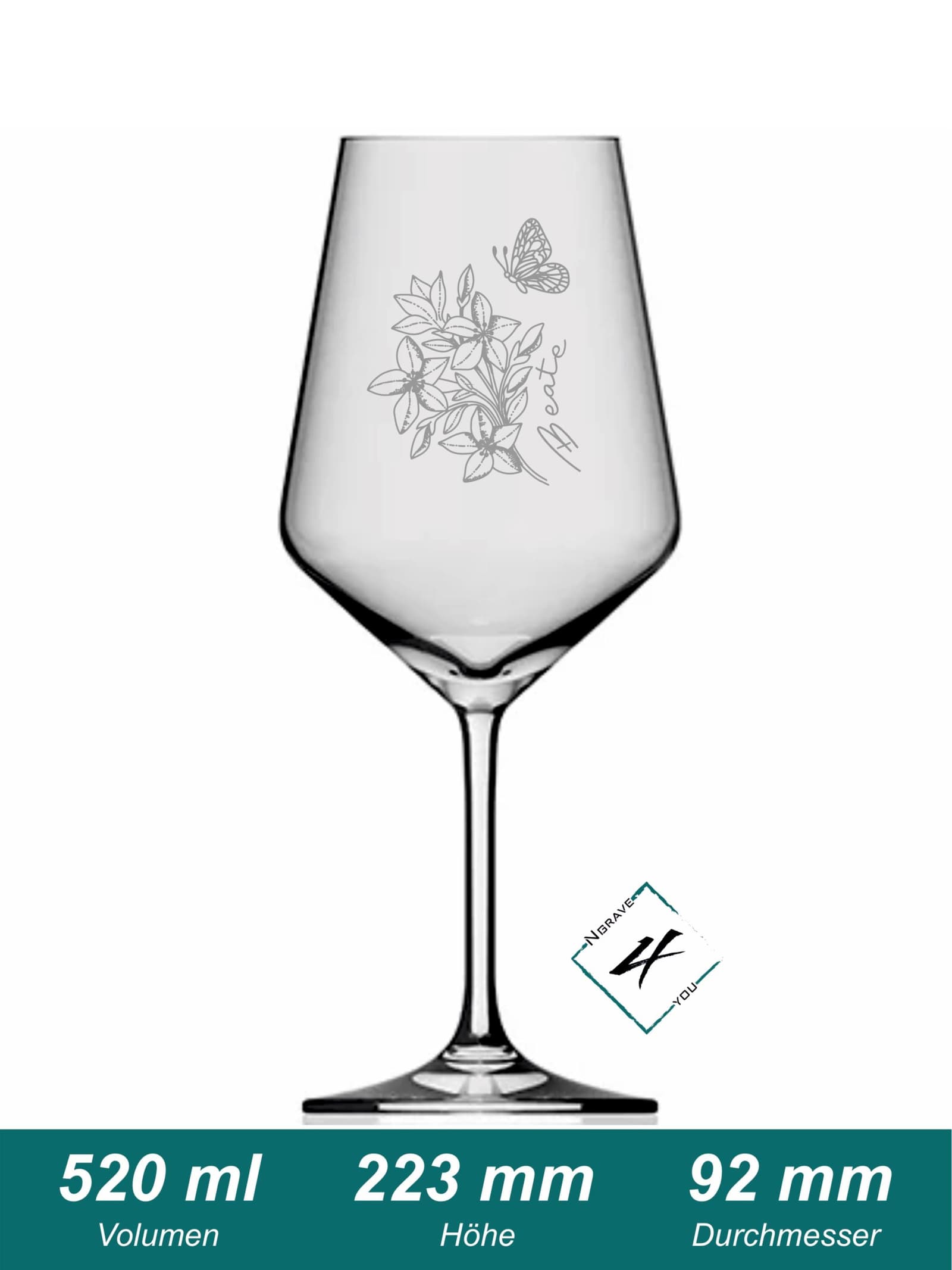 Copa de vino grabada con flores y mariposa, foto 4