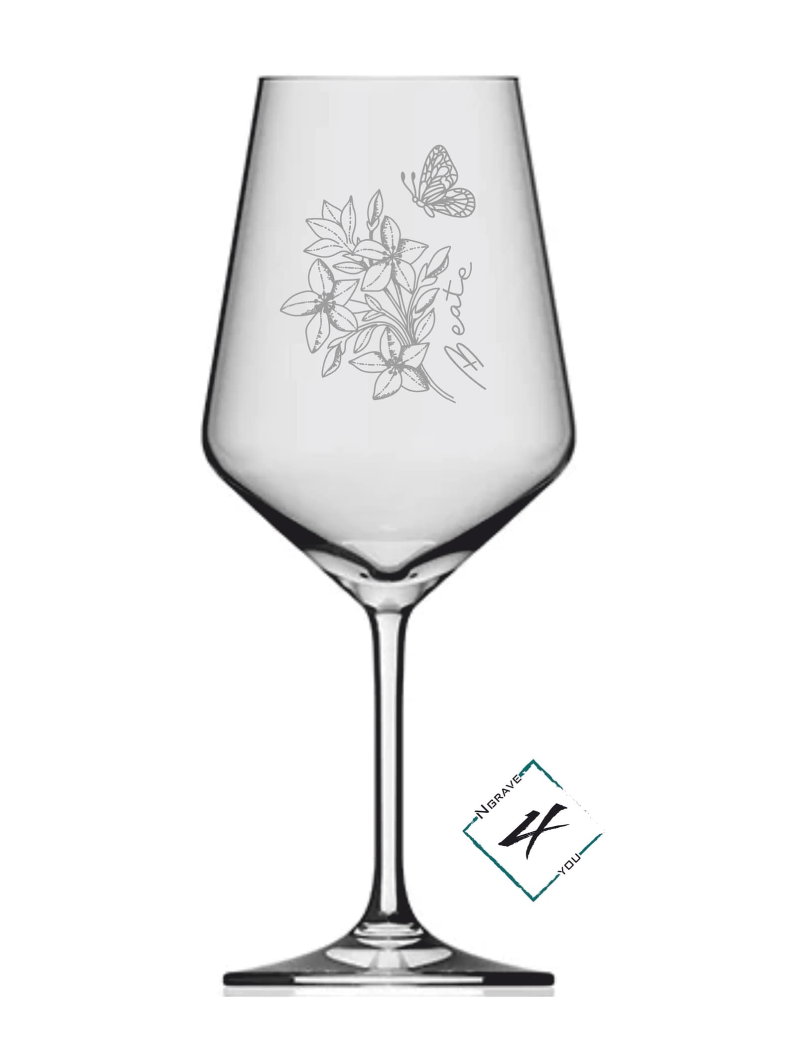 Copa de vino grabada con flores y mariposa, foto 5