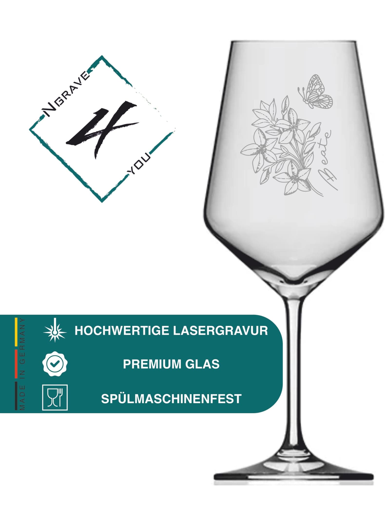 Copa de vino grabada con flores y mariposa, foto 3