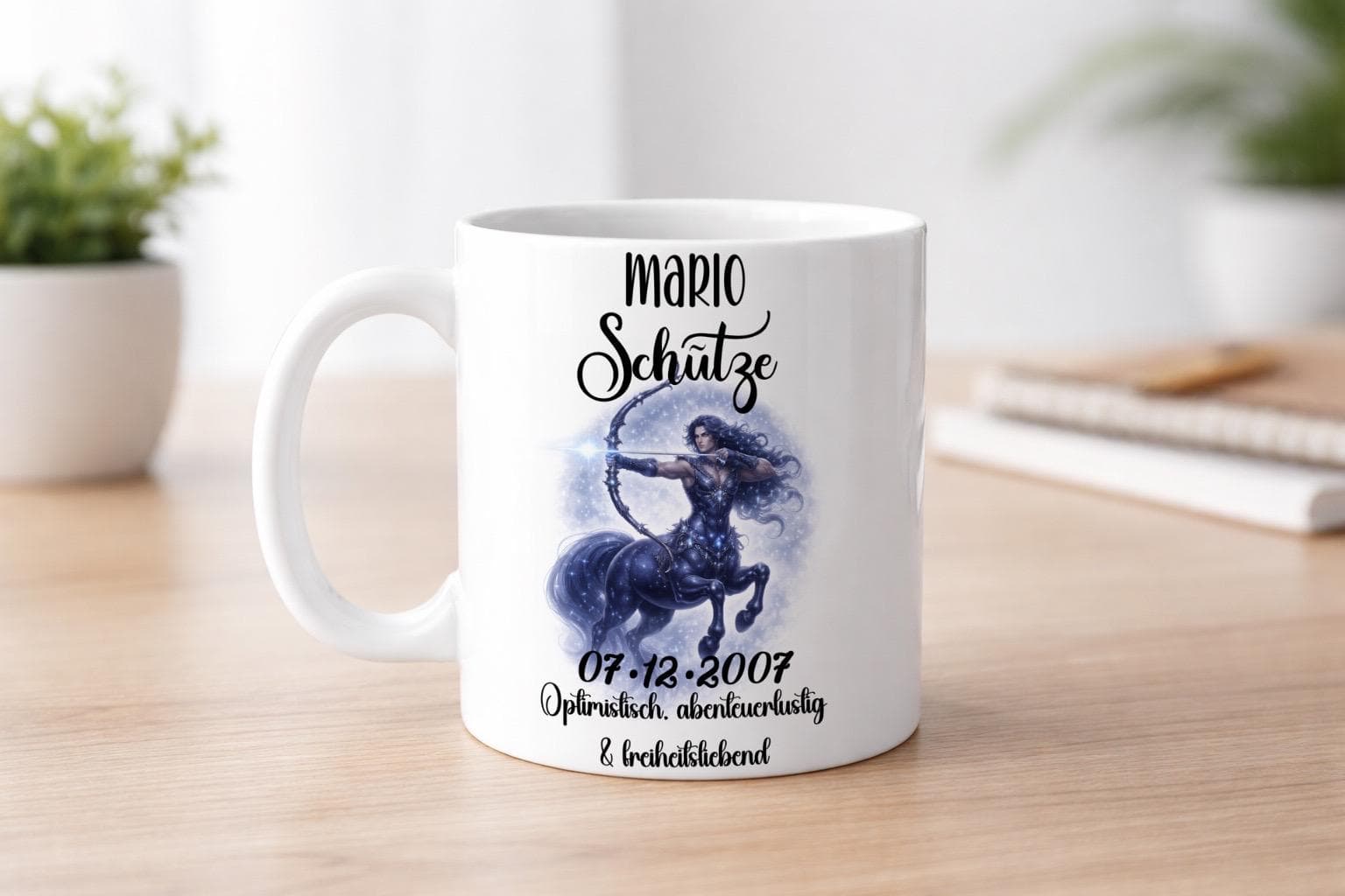 Personalisierte Sternzeichen Schütze Keramiktasse mit astrologischer Illustration