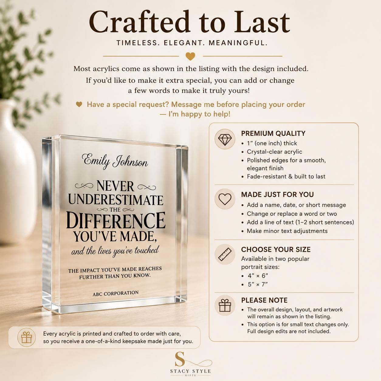 Personalized Difference Maker Plaque, Custom Coworker Appreciation Gift, Acrylic Thank You Award for Mentor Leader Employee