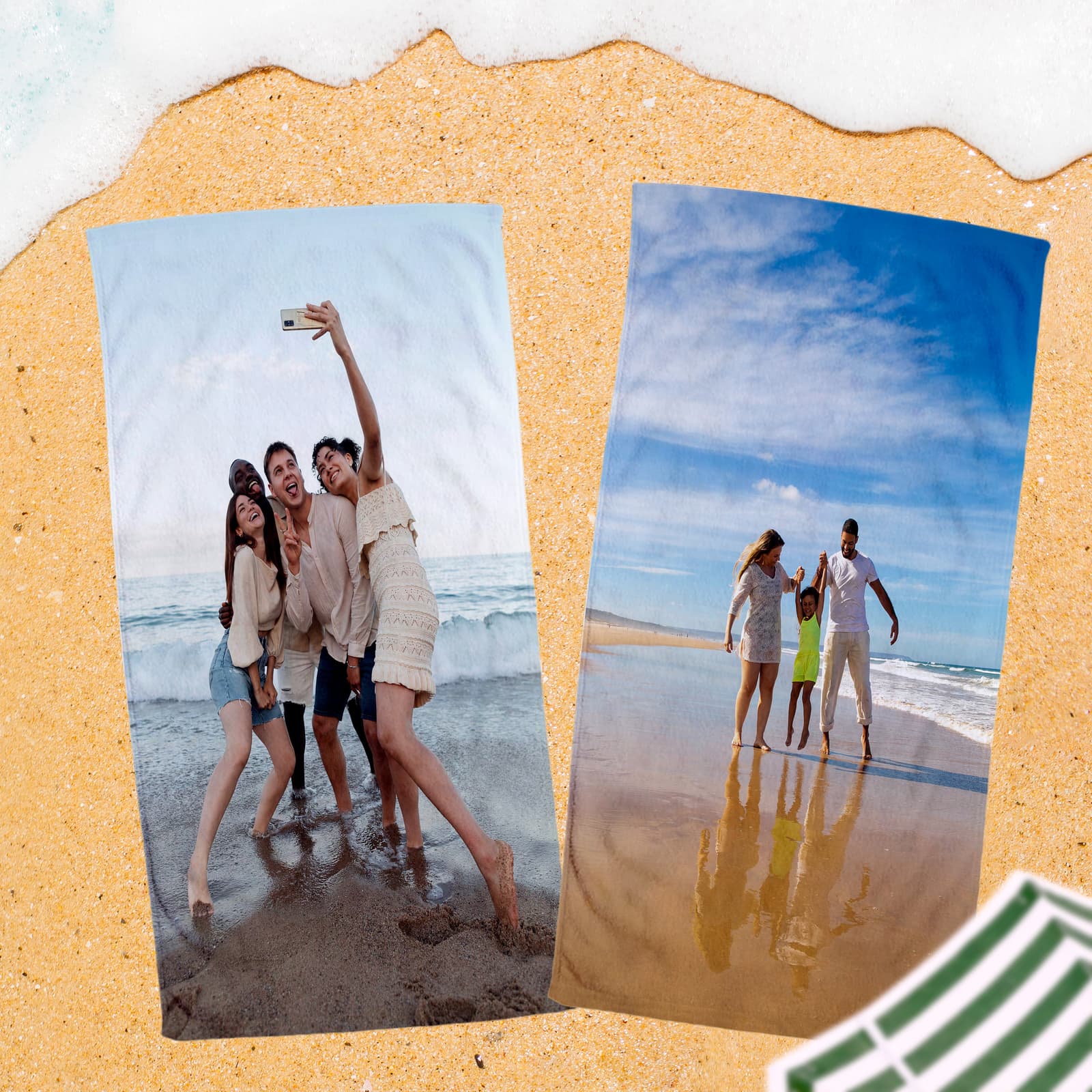 Dos toallas de playa personalizadas, una con un grupo de amigas y otra con una familia caminando por la arena