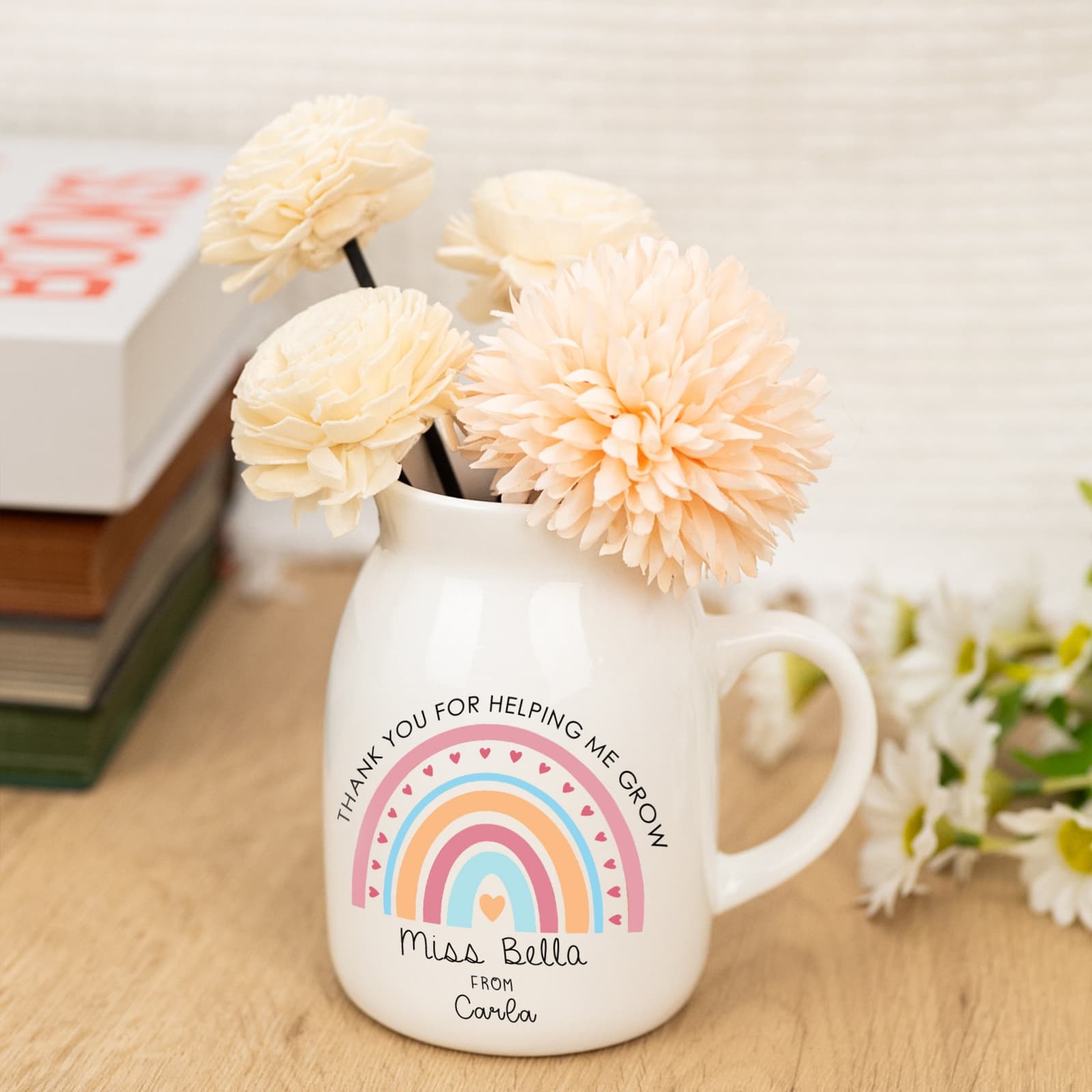 Florero de cerámica personalizado con nombre y flores secas