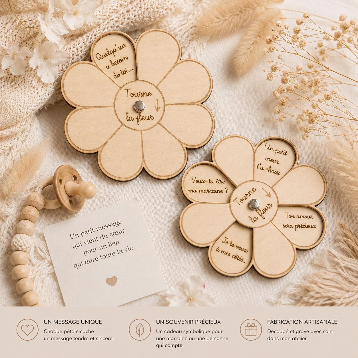 Tarjeta flor de madera personalizada para pedir ser madrina