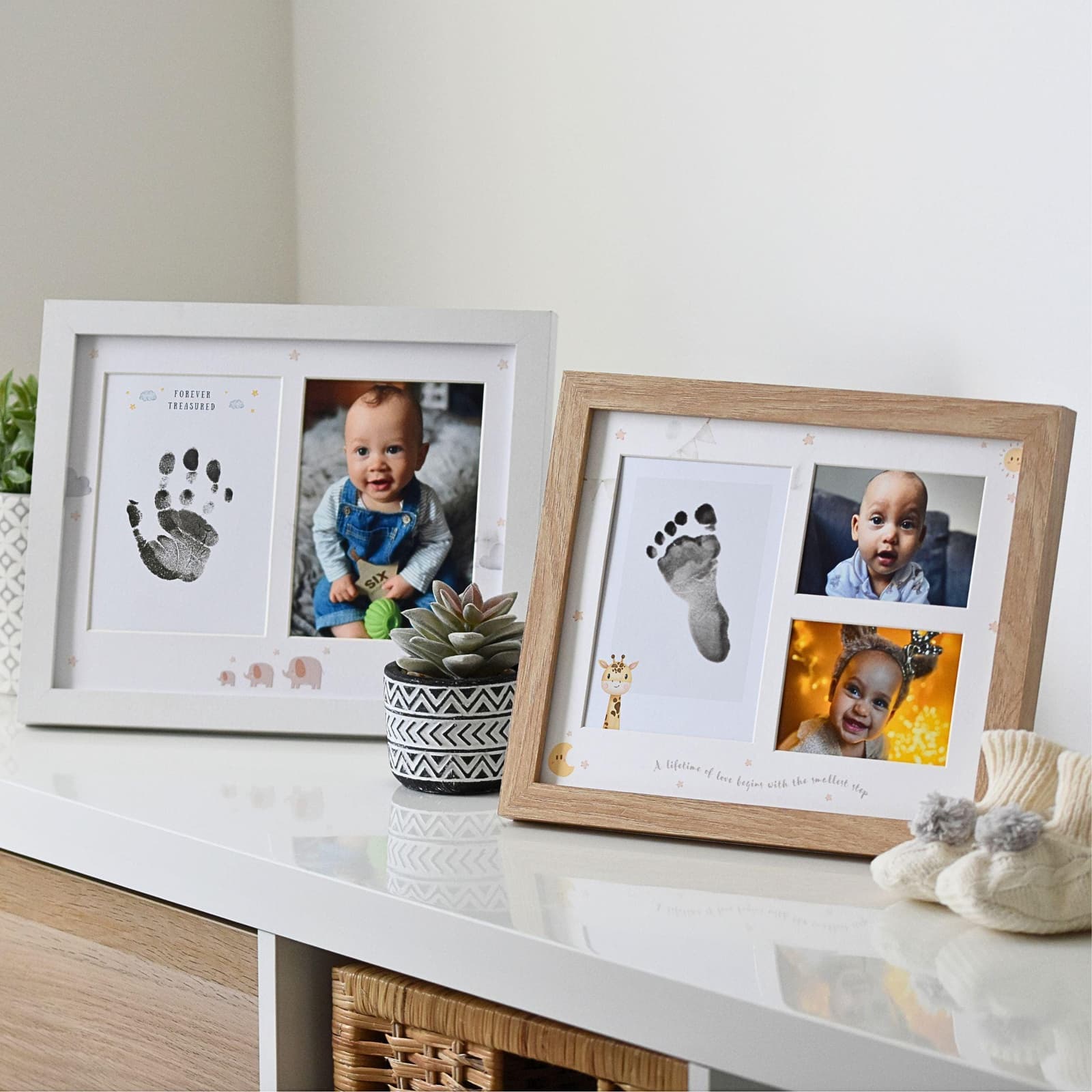 Baby handprint and footprint frame kit – a perfect baby gift and keepsake for new parents, includes space for prints and two baby photos.