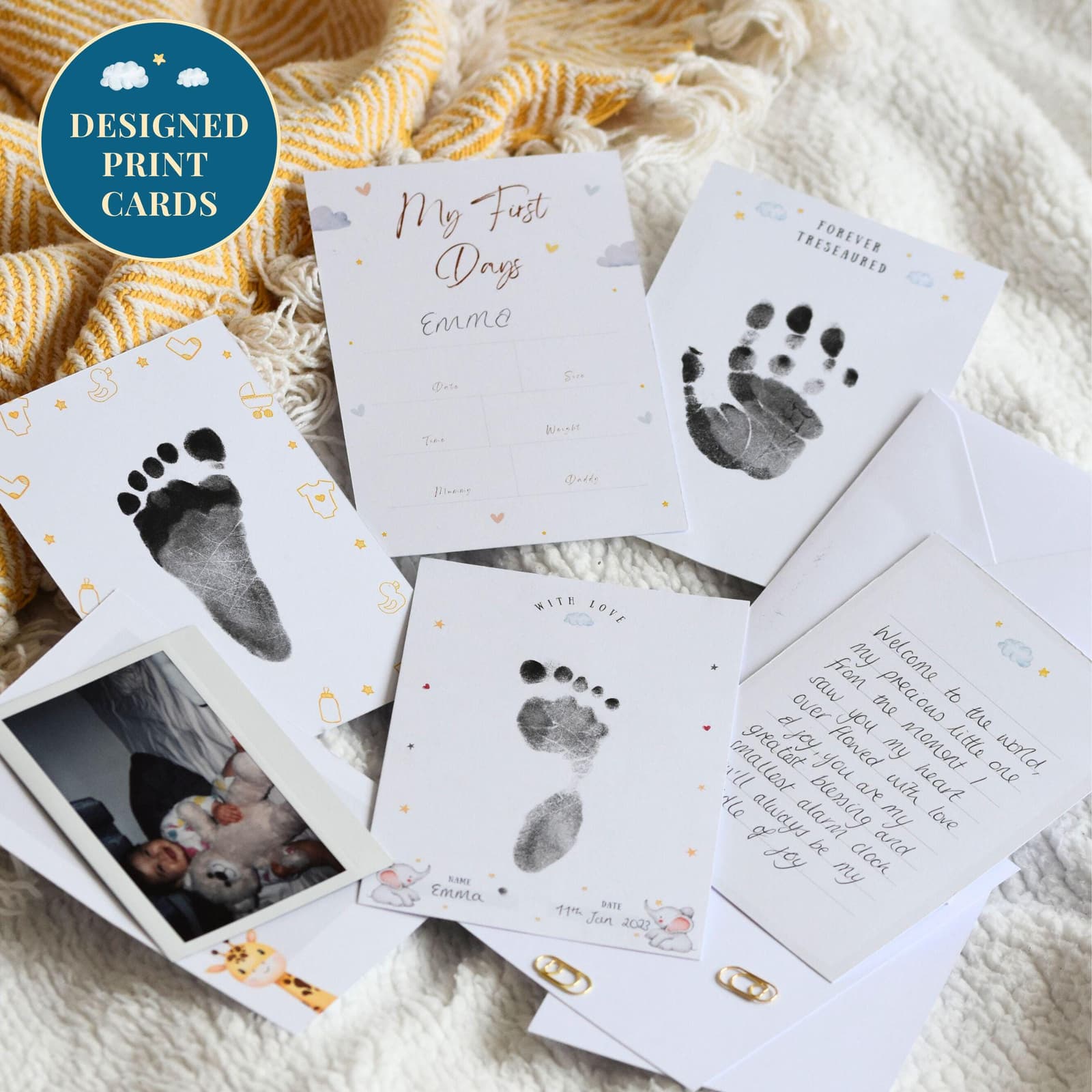 Baby handprint and footprint frame kit – a perfect baby gift and keepsake for new parents, includes space for prints and two baby photos.