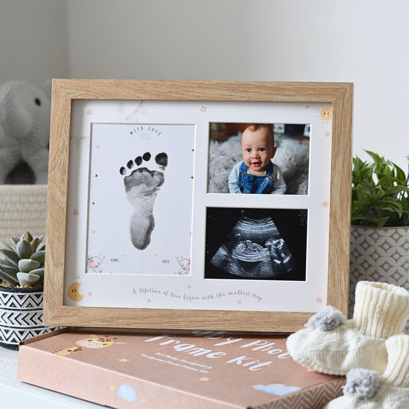 Baby handprint and footprint frame kit – a perfect baby gift and keepsake for new parents, includes space for prints and two baby photos.