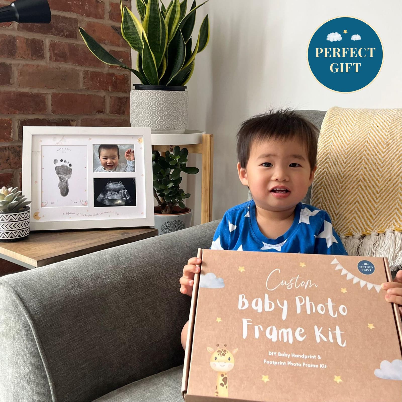 Baby handprint and footprint frame kit – a perfect baby gift and keepsake for new parents, includes space for prints and two baby photos.