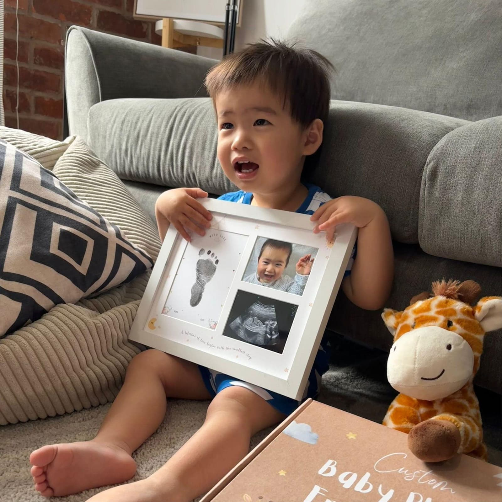 Baby handprint and footprint frame kit – a perfect baby gift and keepsake for new parents, includes space for prints and two baby photos.