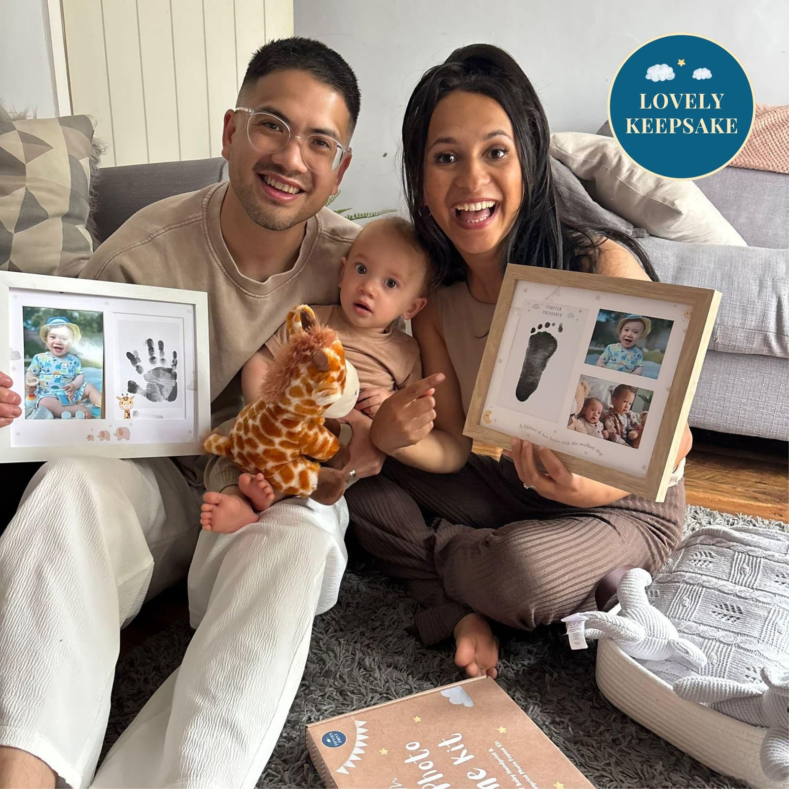 Baby handprint and footprint frame kit – a perfect baby gift and keepsake for new parents, includes space for prints and two baby photos.