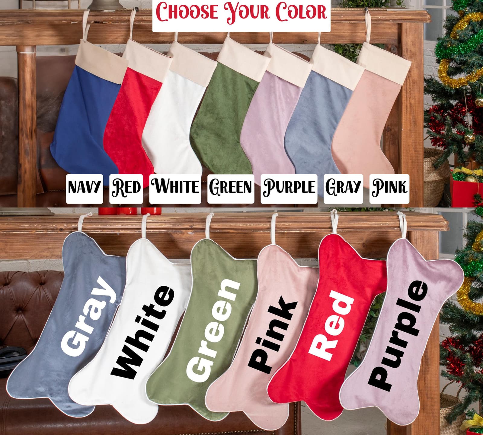 a display of christmas stockings that say choose your color