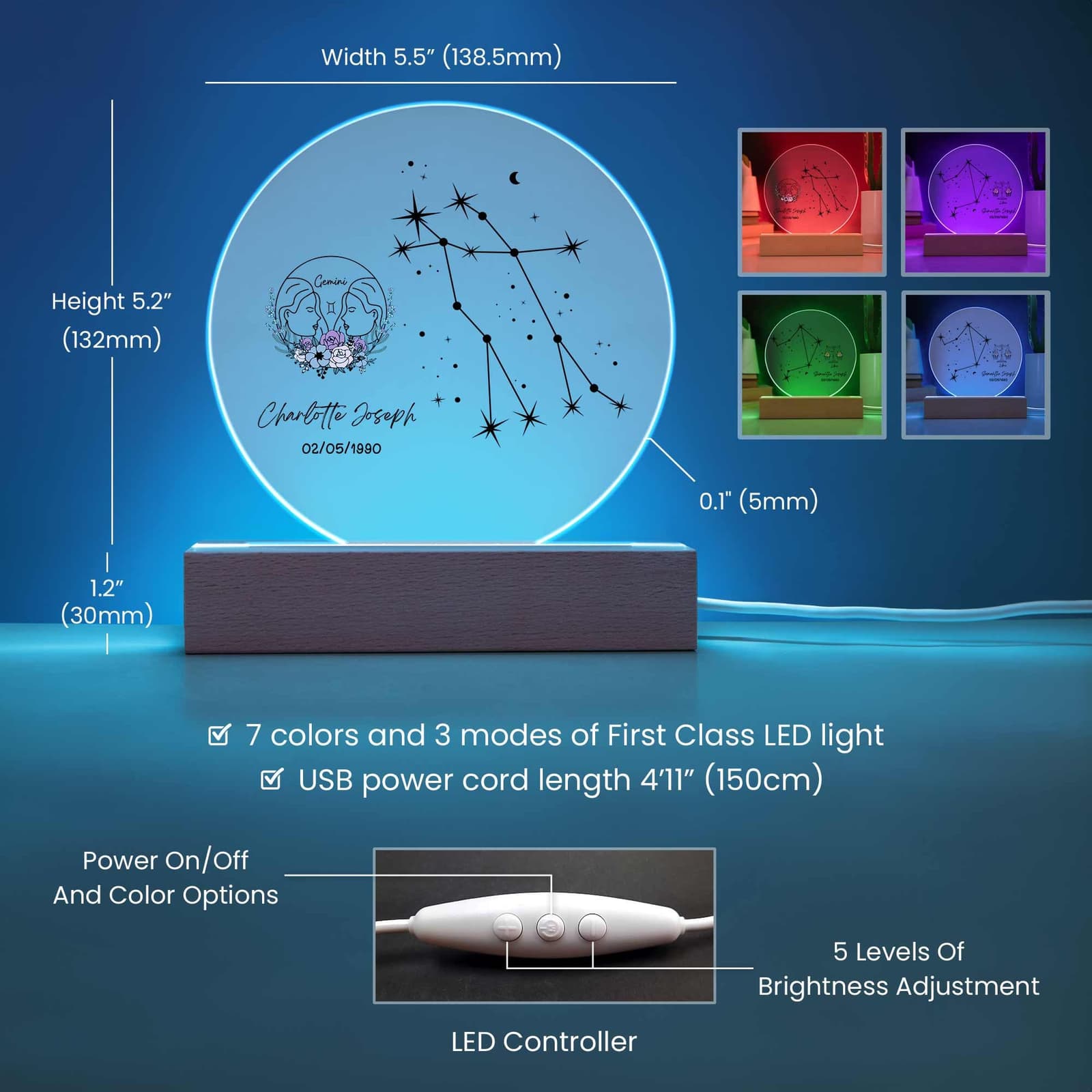 Placa acrílica personalizada con signo del zodiaco y luz LED, foto 3
