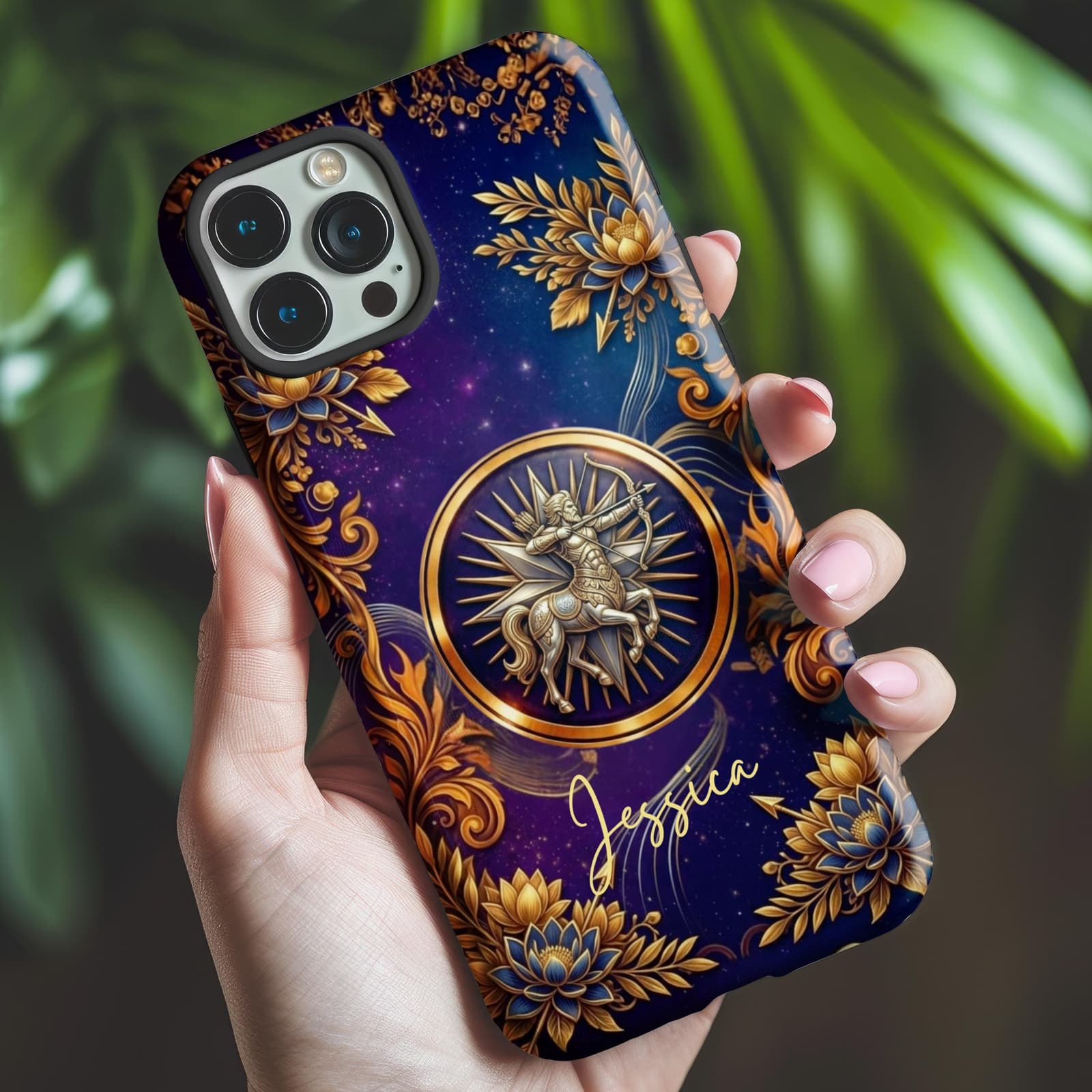 Sagittarius zodiac phone case in hand, personalized name iPhone case, celestial night sky design astrology gift idea