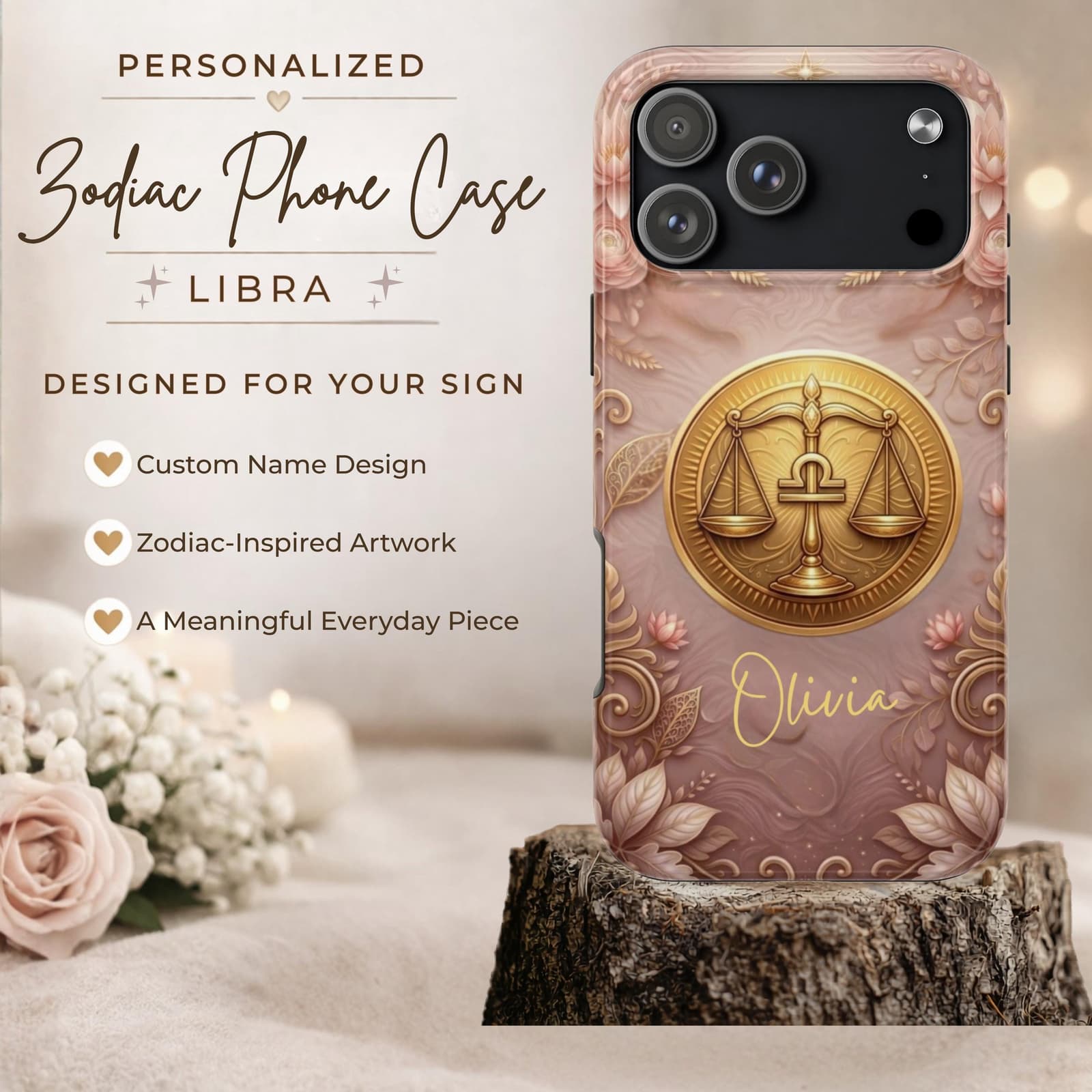 Personalized Libra zodiac phone case, custom name phone case, astrology inspired design meaningful everyday accessory