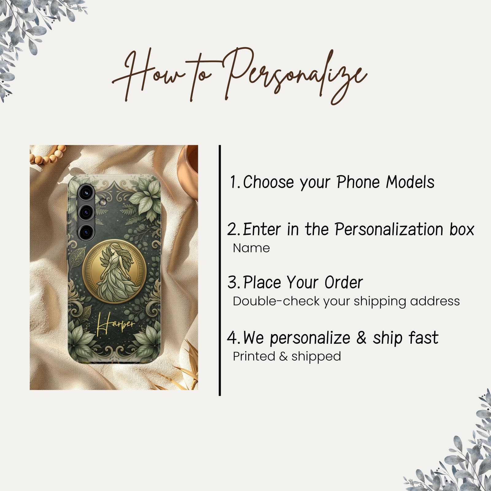 How to personalize Virgo phone case, choose phone model add custom name and place order, step by step personalization guide